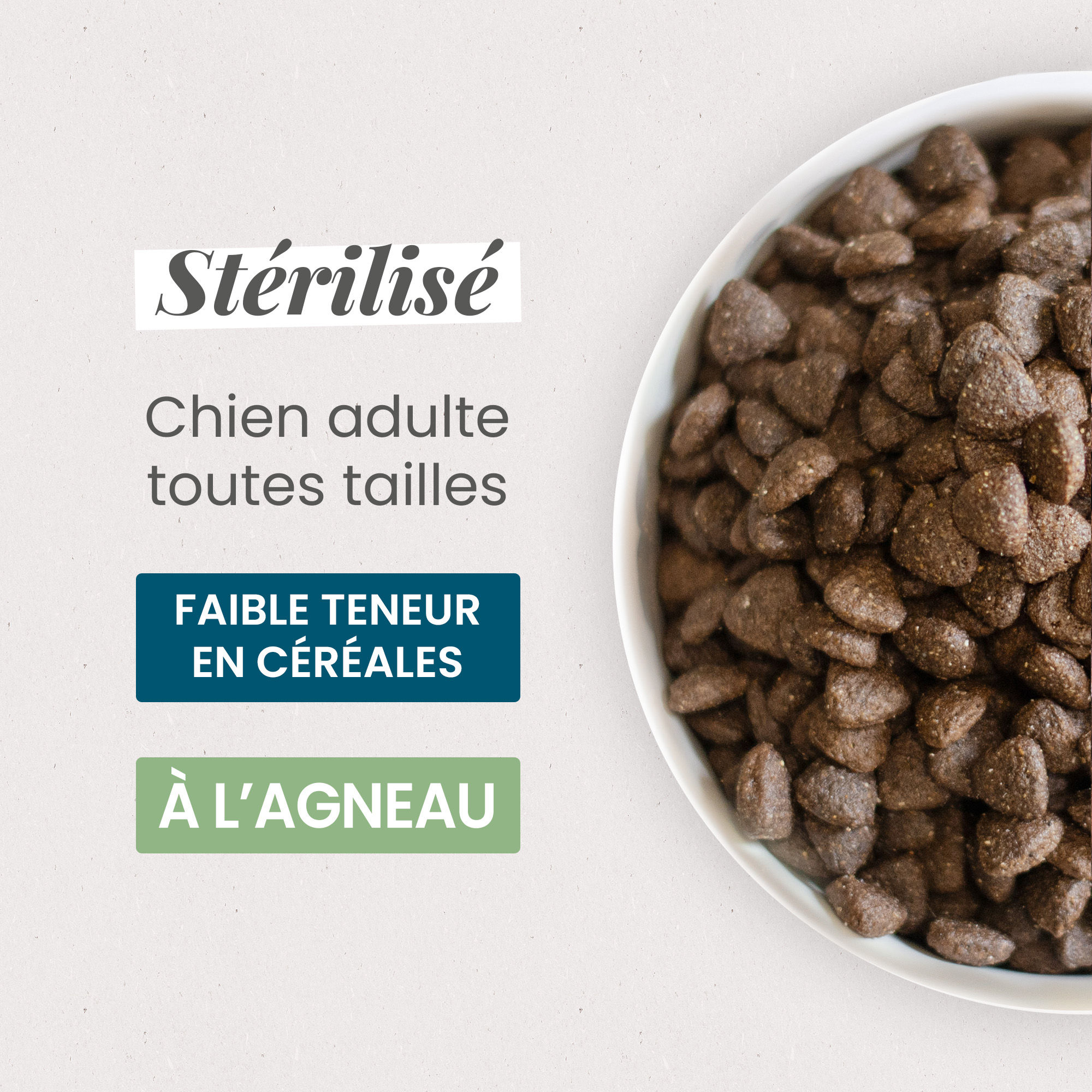 Gamelle contenant les Croquettes Light Super Premium pour chien adulte stérilisé / surpoids de toutes tailles en gros plan