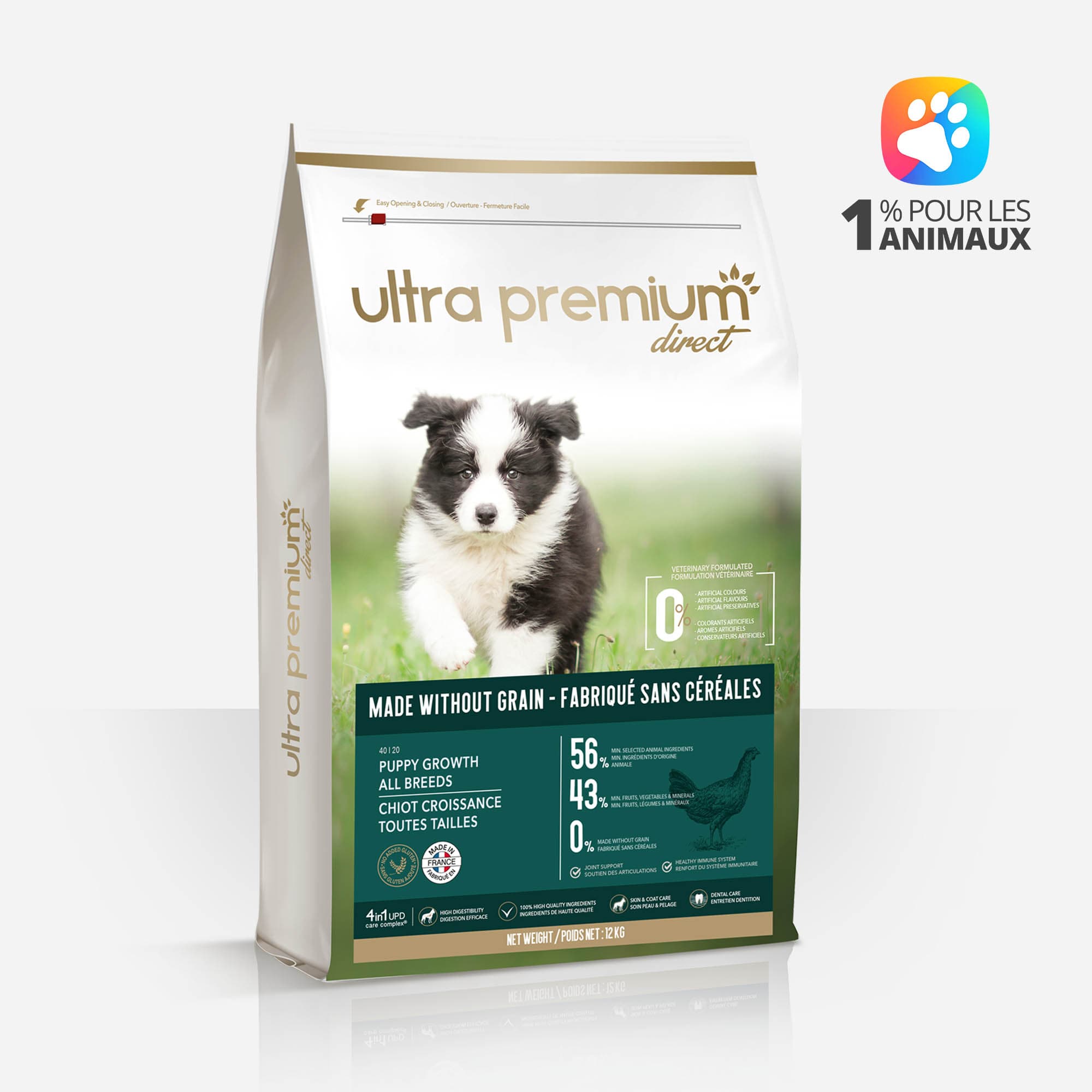 Croquettes sans céréales pour chiot croissance de toutes tailles en sac de 12 kg sur fond blanc