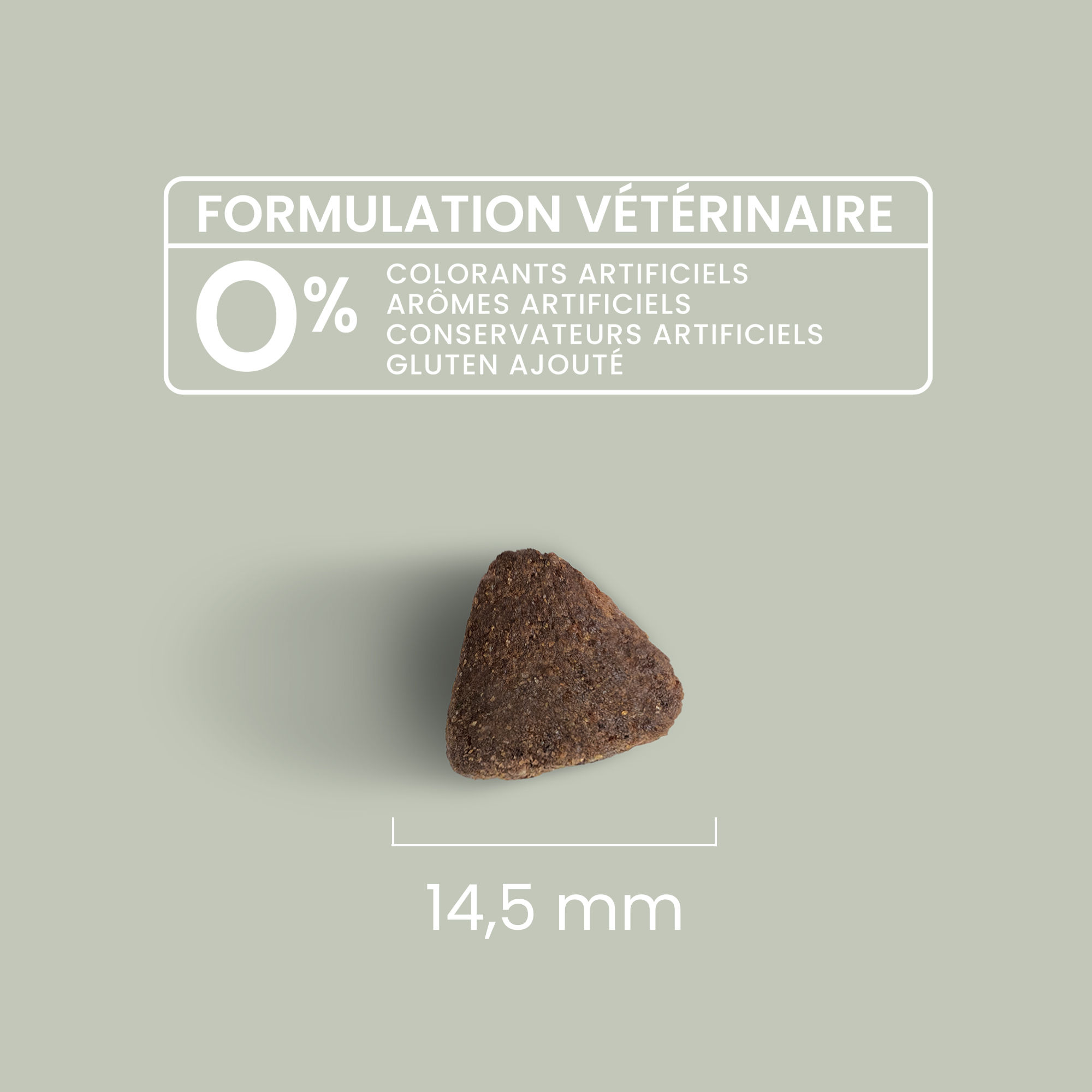 Zoom sur une croquette pour chiot avec détails de taille et formulation vétérinaire