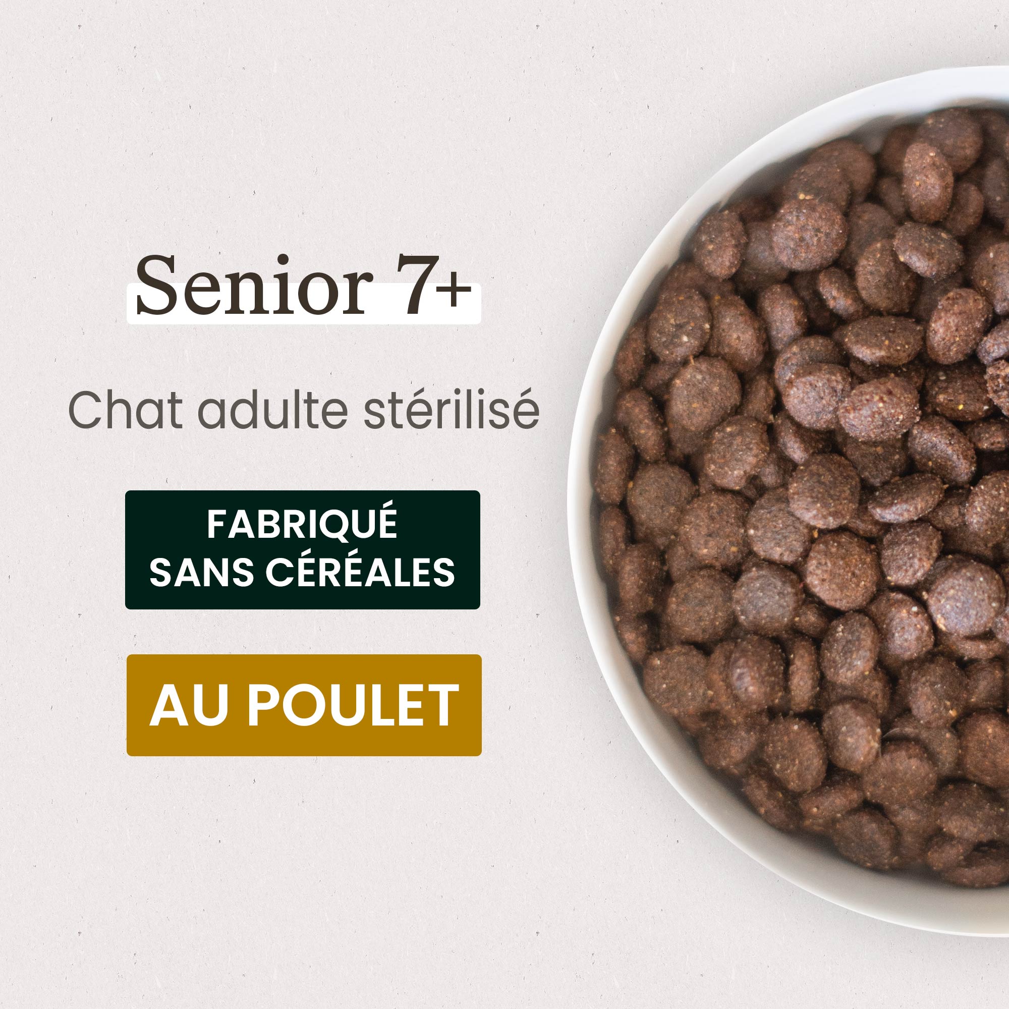 Zoom sur une gamelle de croquettes senior 7+ au poulet pour chat