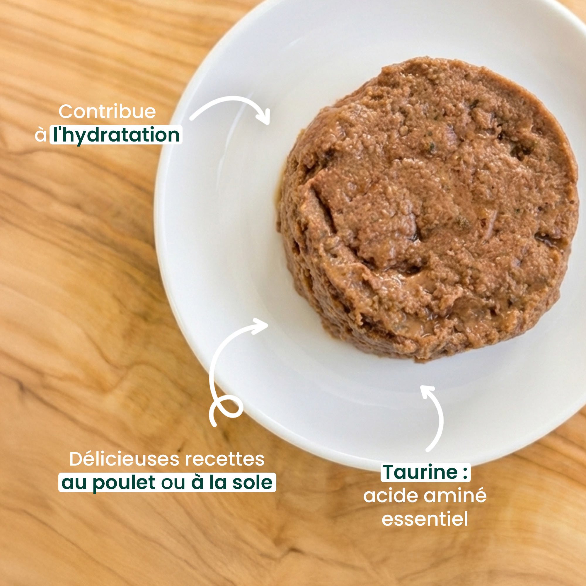 Mousse pour Chat Sans Céréales à la sole et au poulet dans une assiette avec les bénéfices associés indiqués