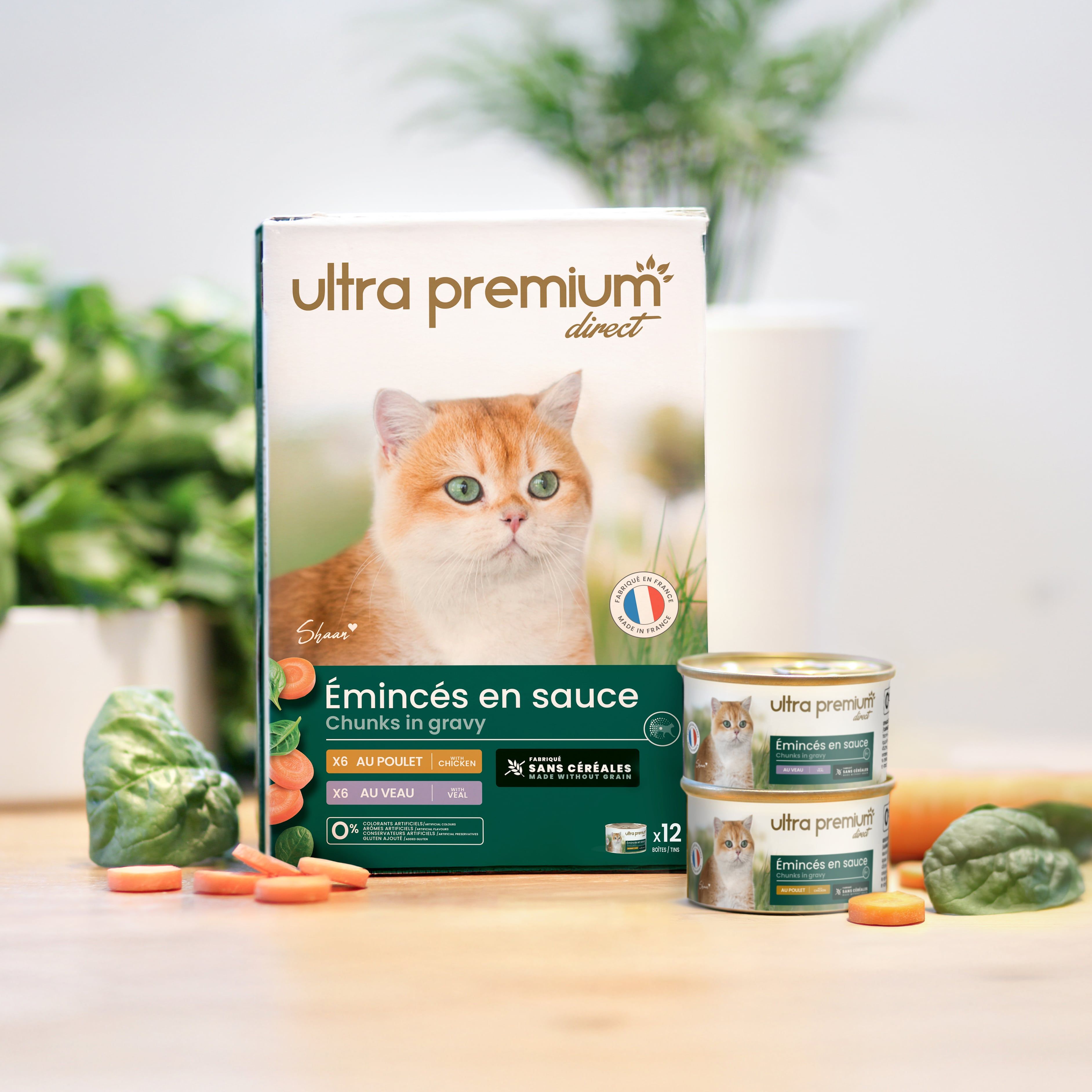 Bénéfices des ingrédients de la recette de tendres émincés en sauce pour chat sans céréales Poulet & Veau