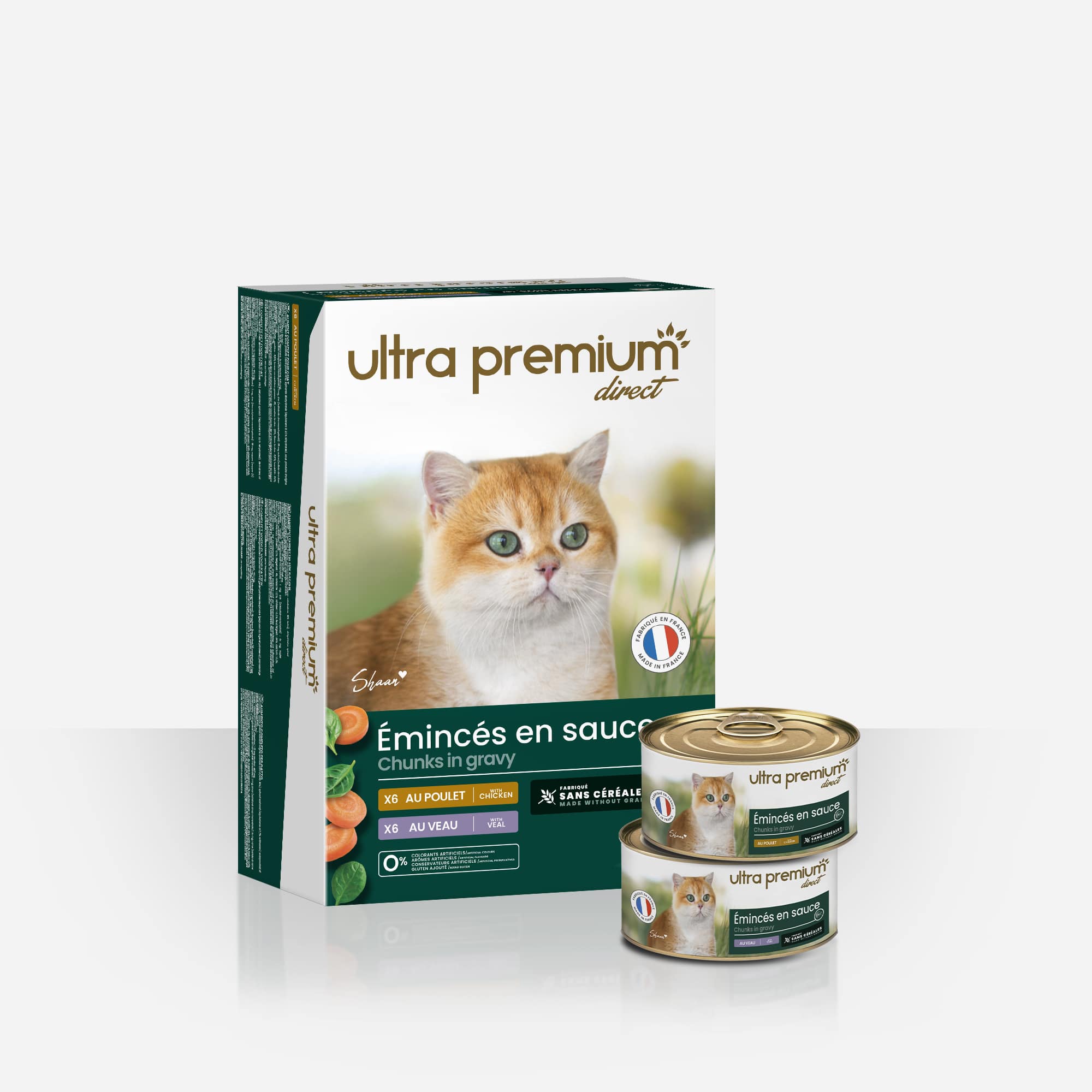 Boîtes d'émincés en sauce pour chat sans céréales - Au Poulet et au Veau 