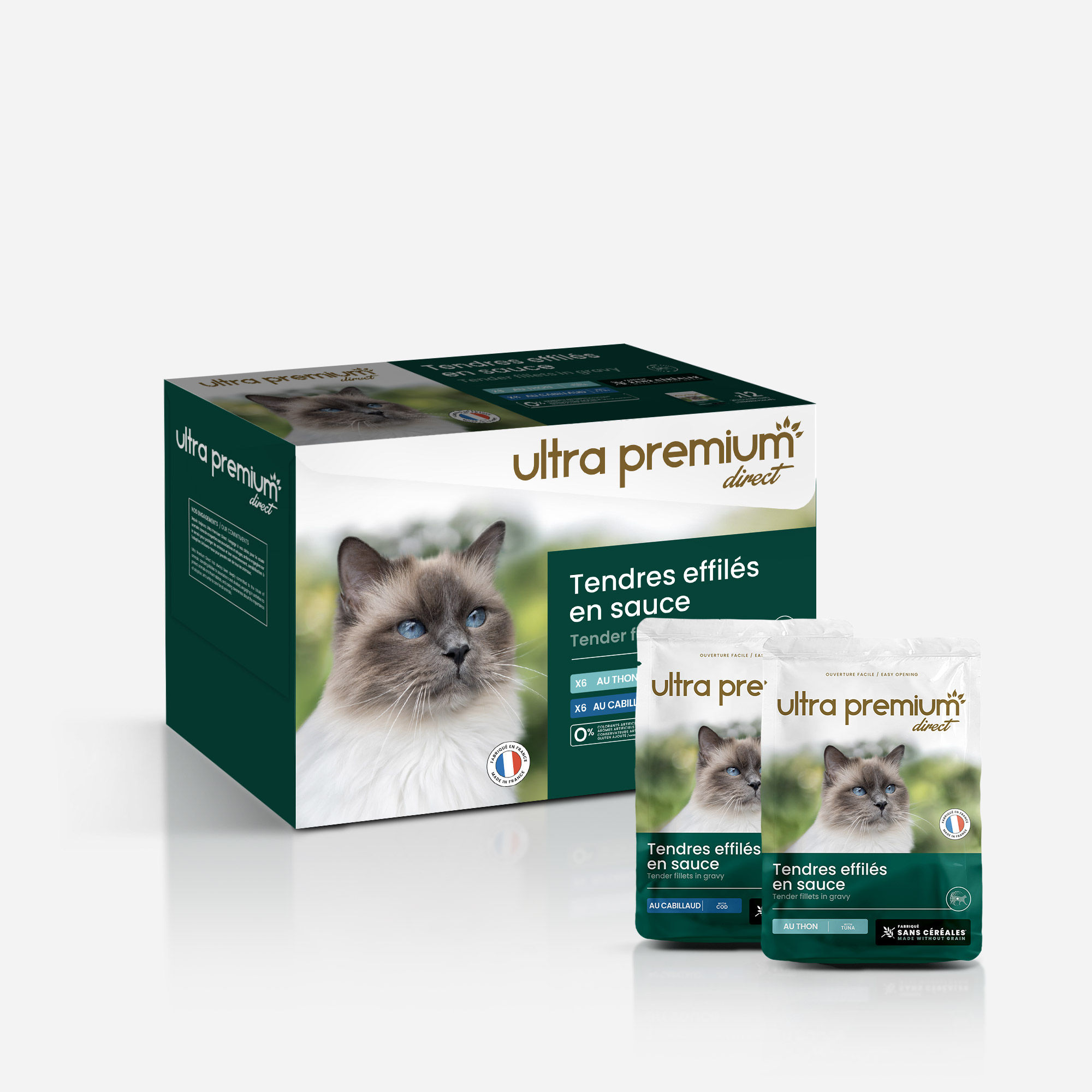 Sachets fraîcheur pour chat sans céréales - Tendres effilés en sauce Thon / Cabillaud 