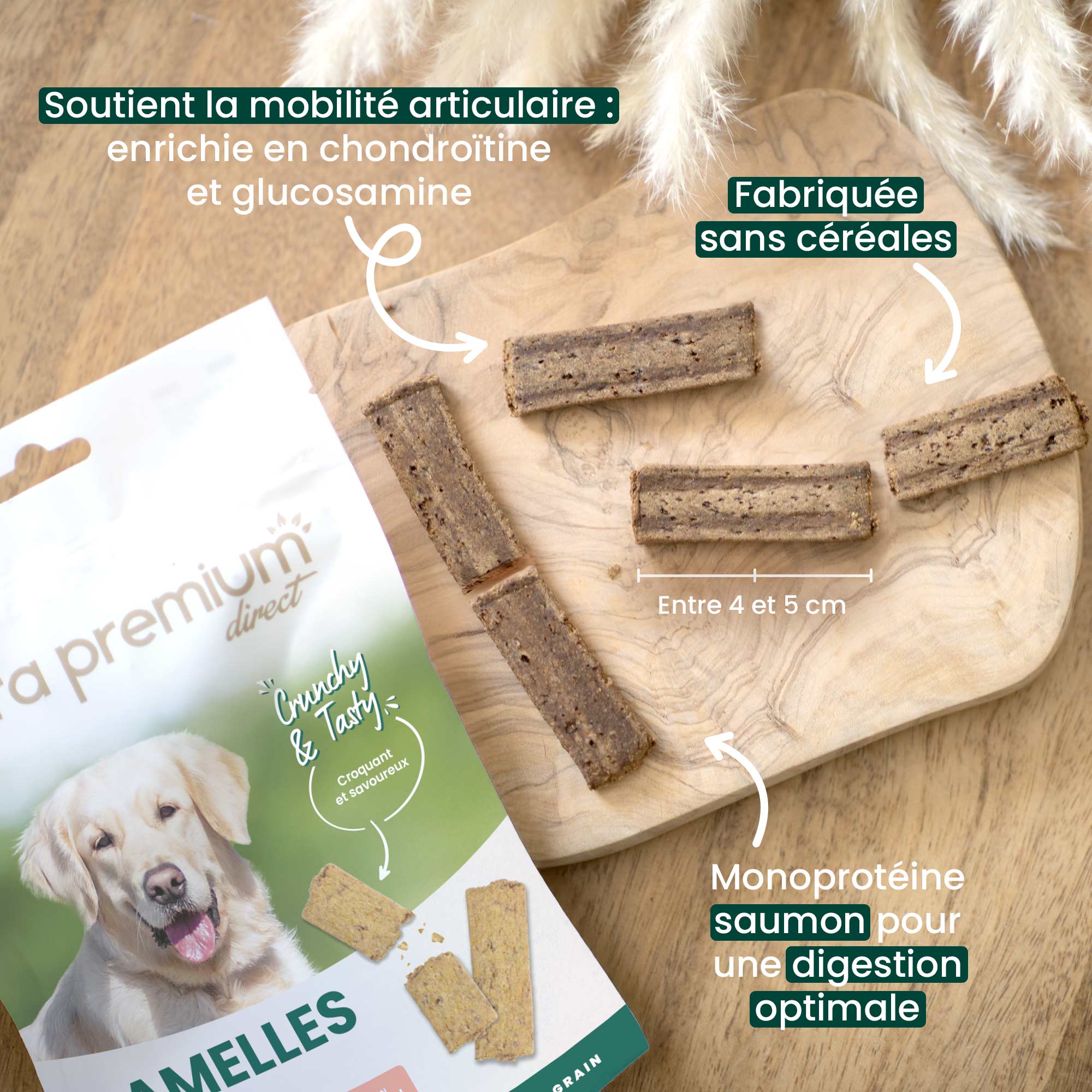 Friandises articulation sans céréales pour chien sur une table + bienfaits