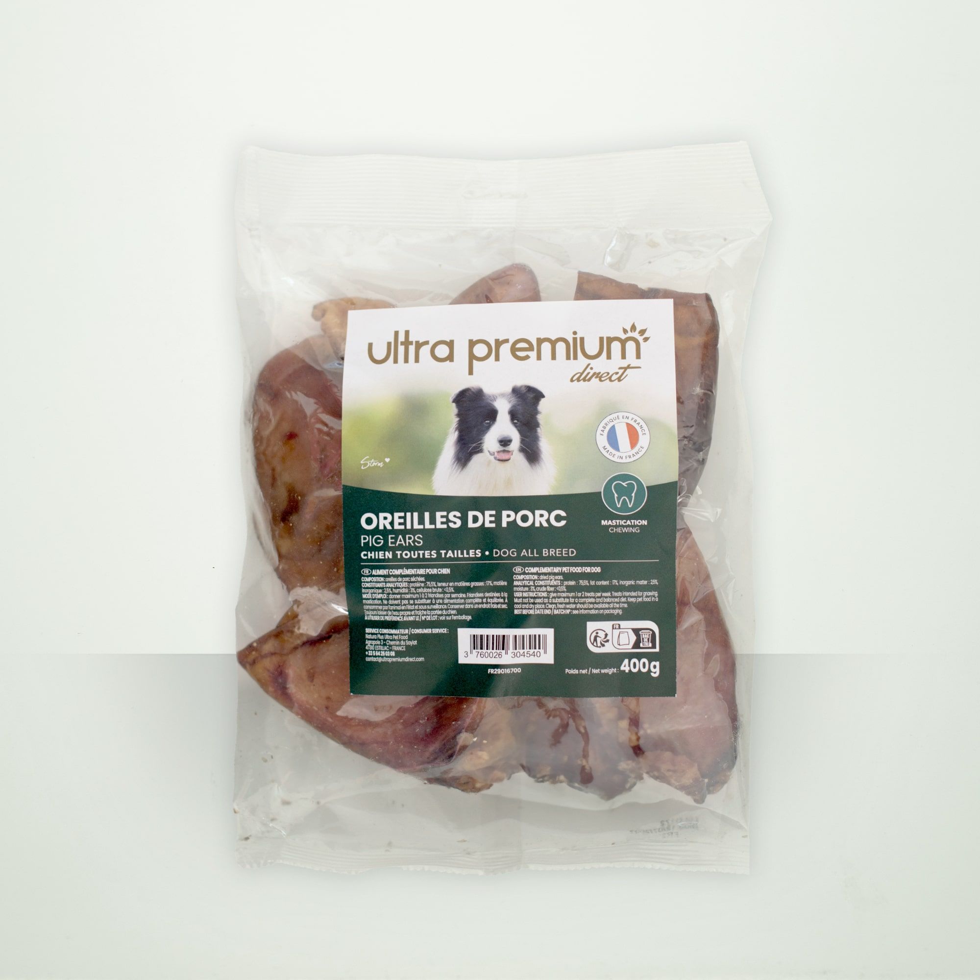 Sachet d'oreilles de cochon pour chien sur fond vert clair