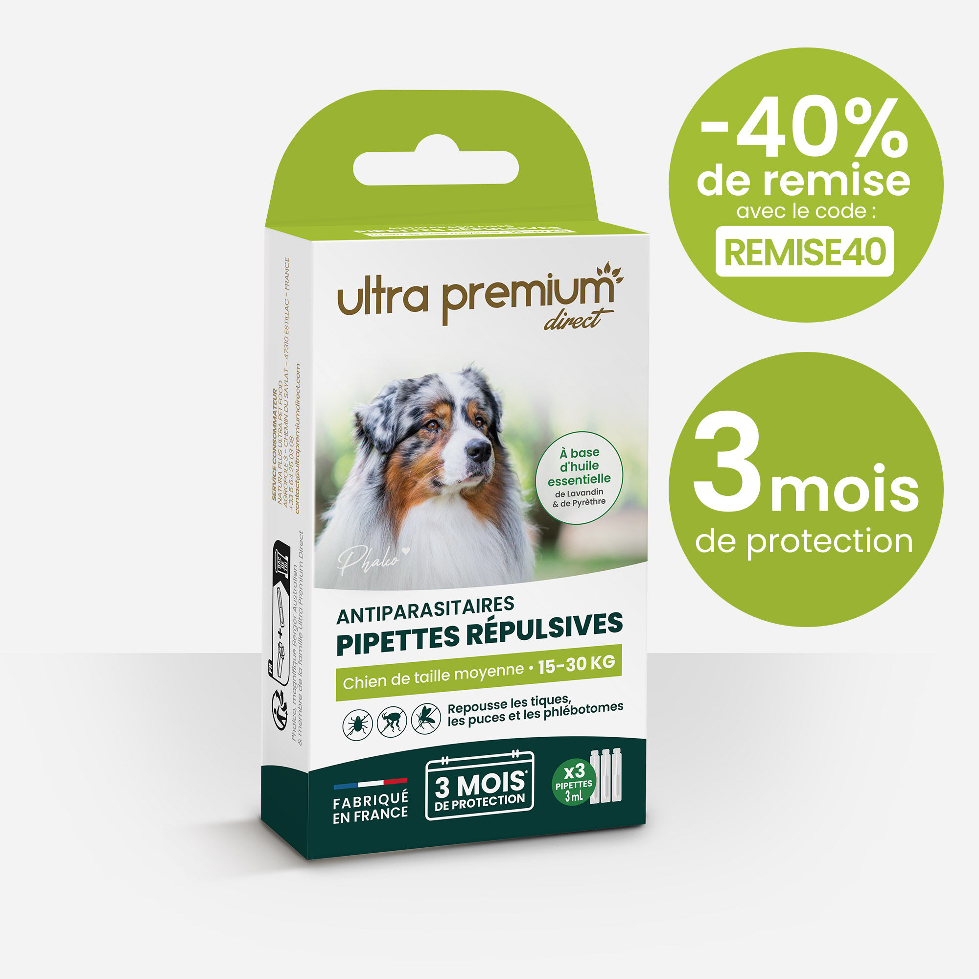 Pipettes répulsives antiparasitaires pour chien de taille moyenne (15 à 30 kg), sur fond blanc