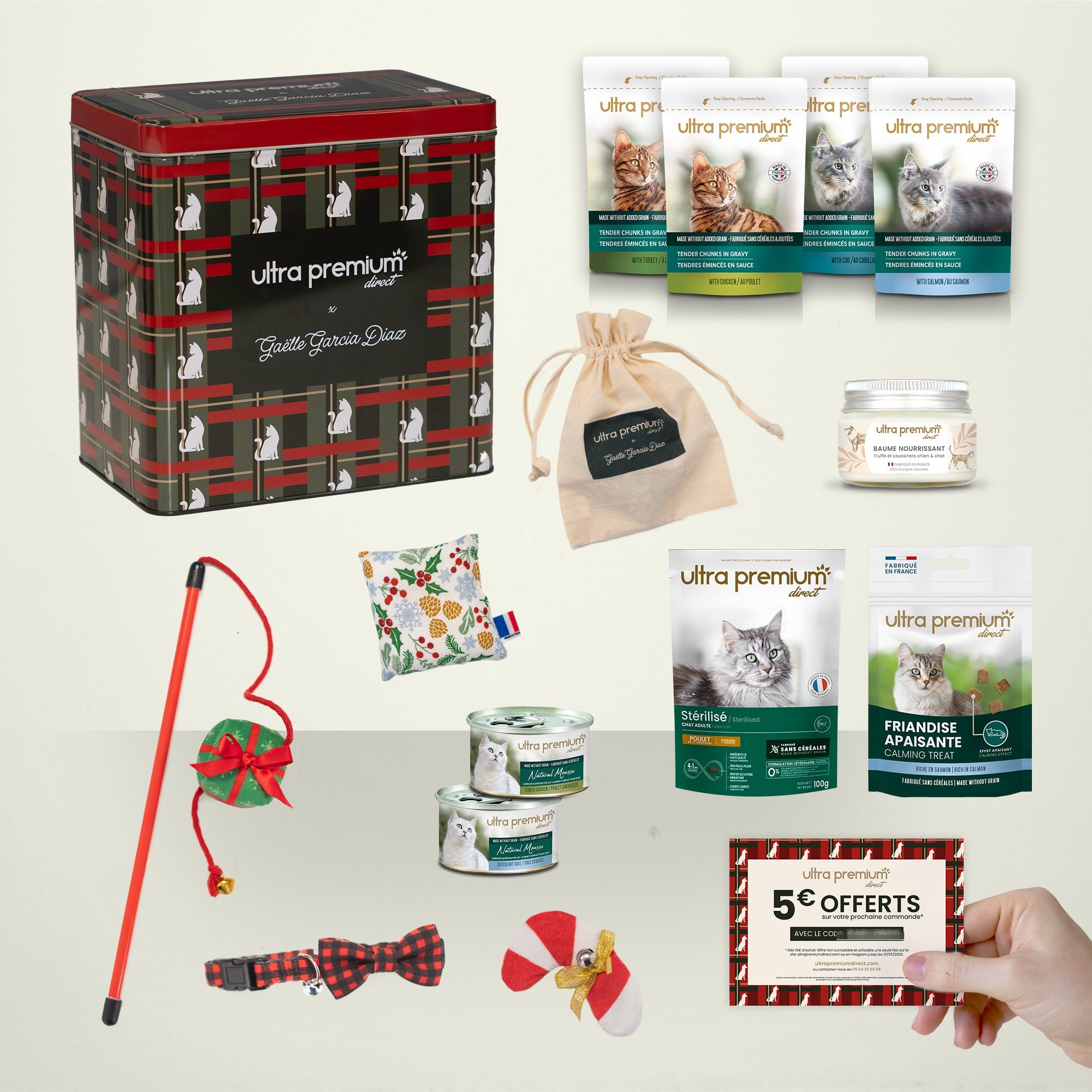 Coffret de Noël pour chat avec tous les produits qu'elle contient
