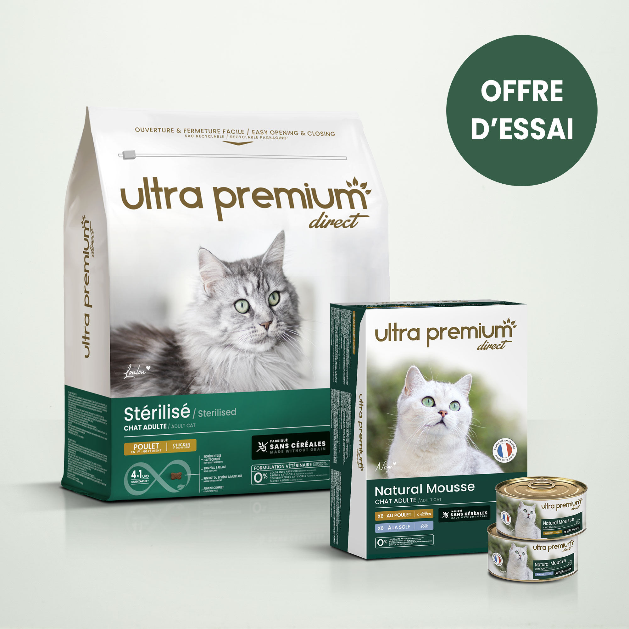 Pack bi-nutrition composé d'un sac de 3 kg de croquettes sans céréales au poulet pour chat adulte stérilisé, et de 12 boîtes de mousse sans céréales pour chat adulte au poulet & à la sole, sur fond vert clair