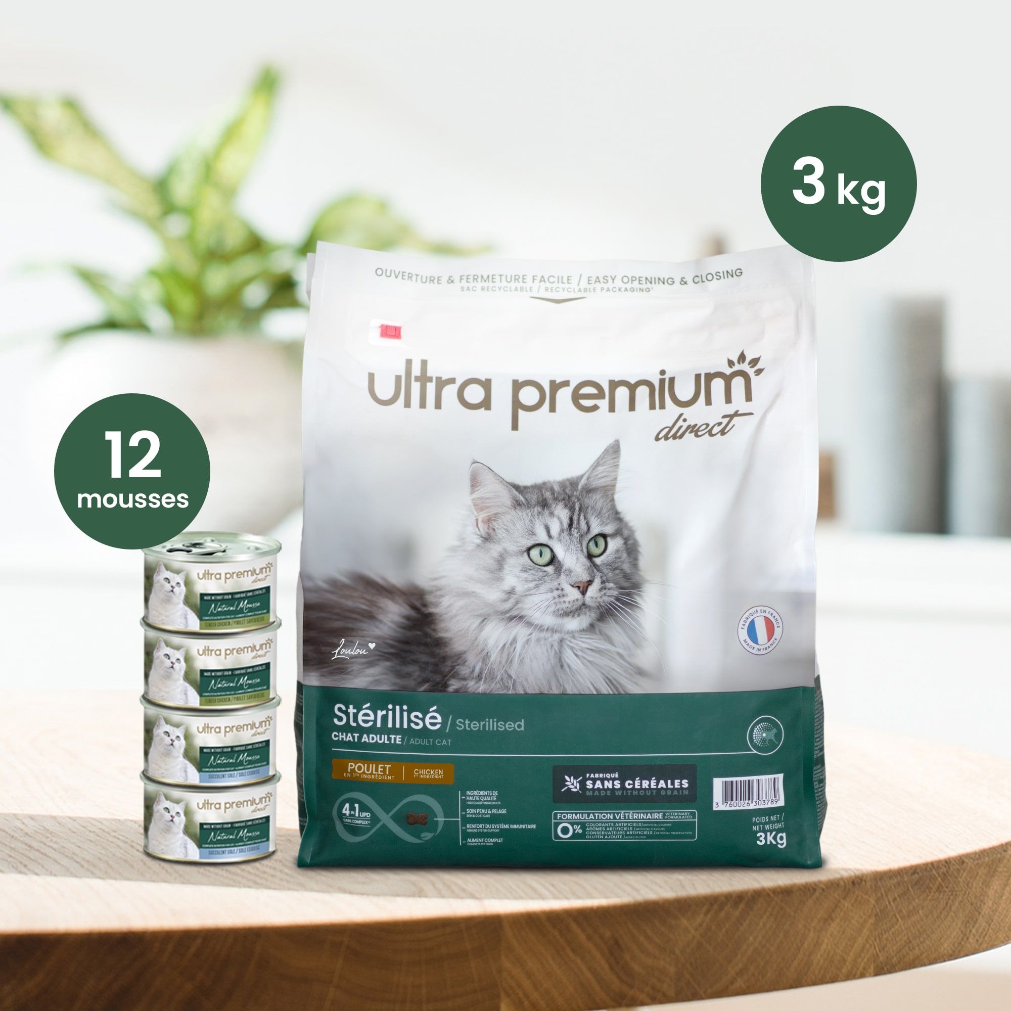 Pack bi-nutrition composé d'un sac de 3 kg de croquettes sans céréales au poulet pour chat adulte stérilisé, et de 12 boîtes de mousse sans céréales pour chat adulte au poulet & à la sole, en intérieur
