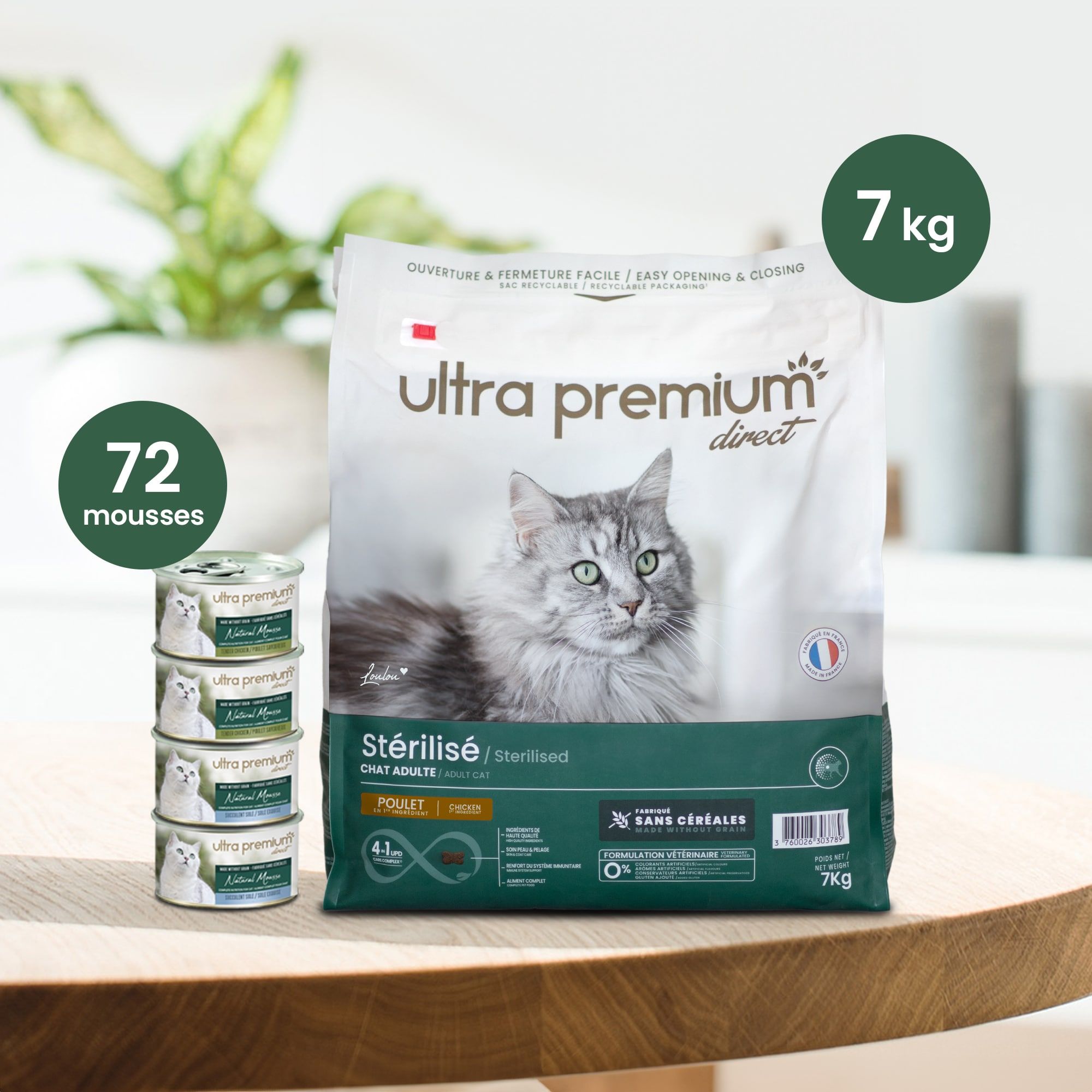 Pack bi-nutrition composé d'un sac de 7 kg de croquettes sans céréales au poulet pour chat adulte stérilisé, et de 72 boîtes de mousse sans céréales pour chat adulte au poulet & à la sole, en intérieur