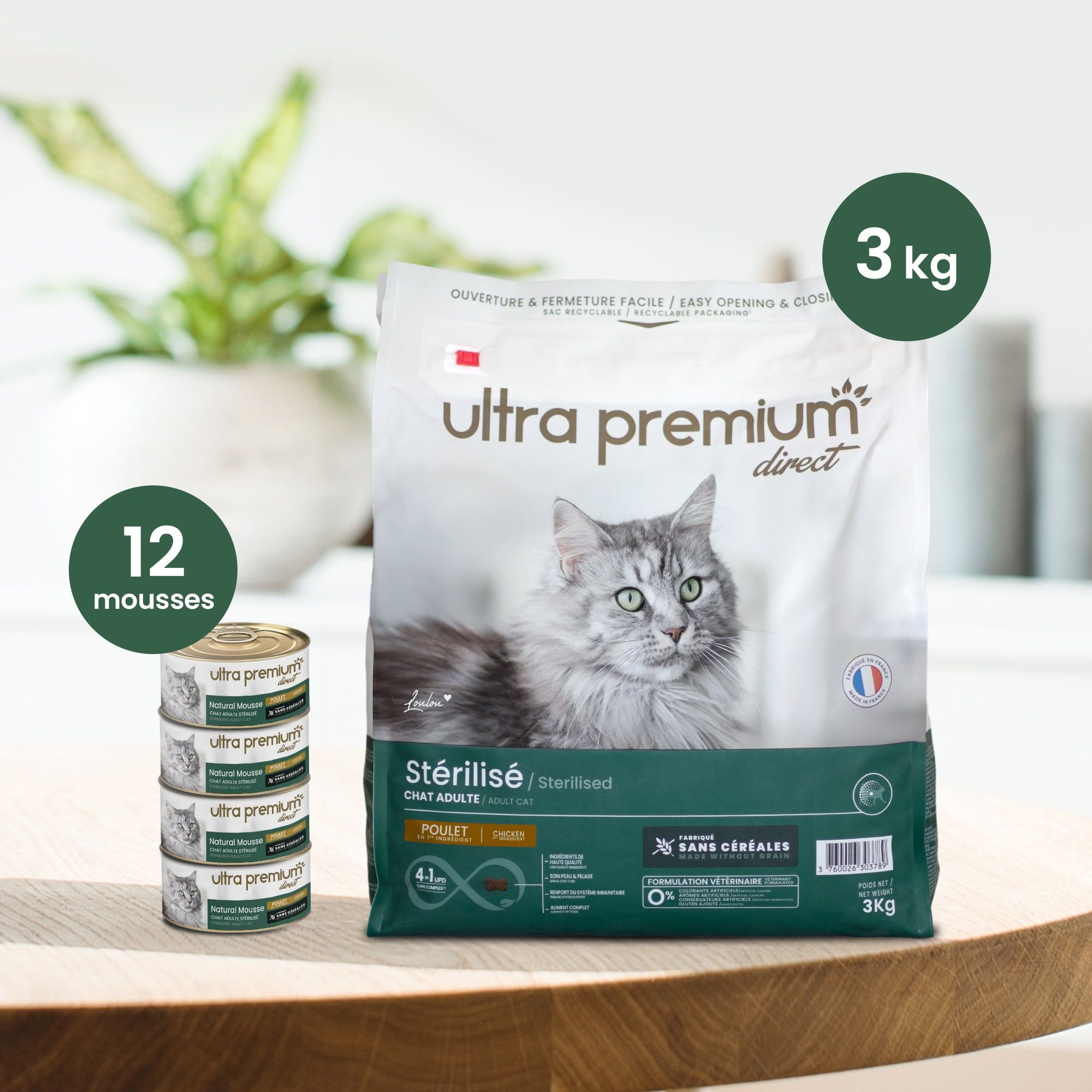 Dubbel voeding voor gesteriliseerd kat bestaande uit 3 kg graanvrije brokken met kip voor gesteriliseerd volwassen kat, en 12 blikjes graanvrij schuim voor gesteriliseerd volwassen kat met kip, op een lichtgroene achtergrond