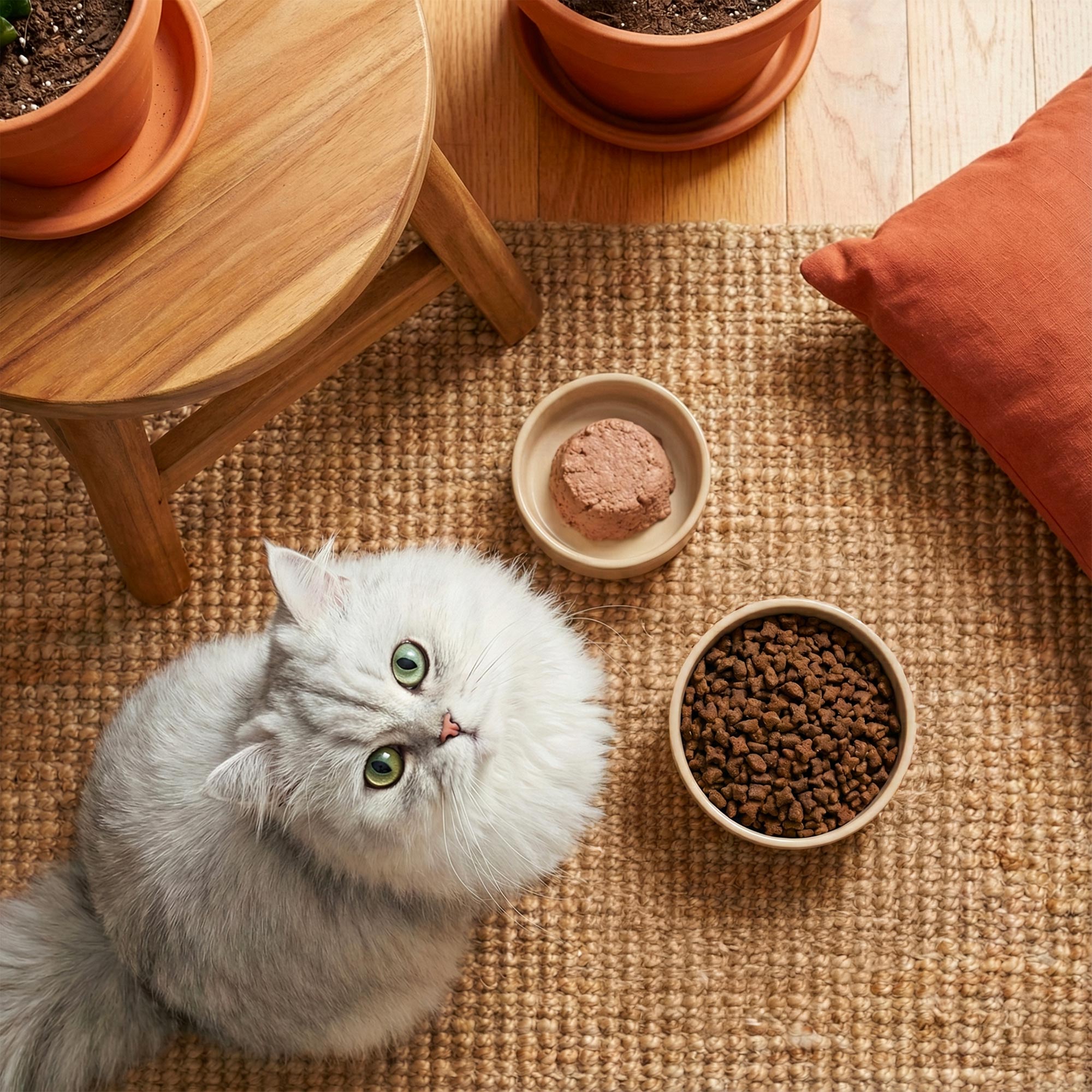 Chat à poils blancs devant une gamelle de mousse sans céréales et une gamelle de croquettes sans céréales au poulet 