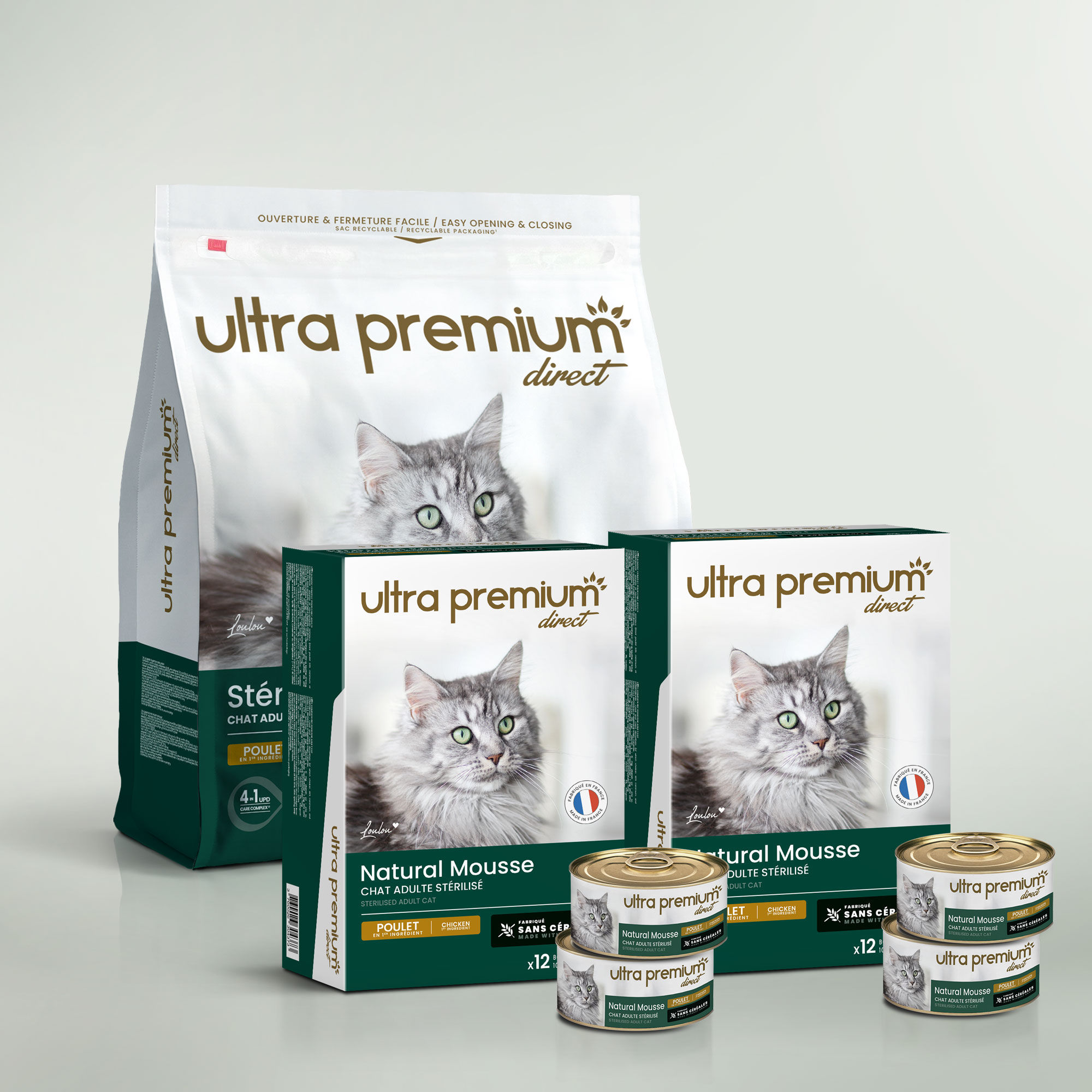 Pack bi-nutrition pour chat stérilisé composé de 7 kg croquettes sans céréales au poulet pour chat adulte stérilisé, et de 72 boîtes de mousse sans céréales pour chat adulte stérilisé au poulet, sur fond vert clair