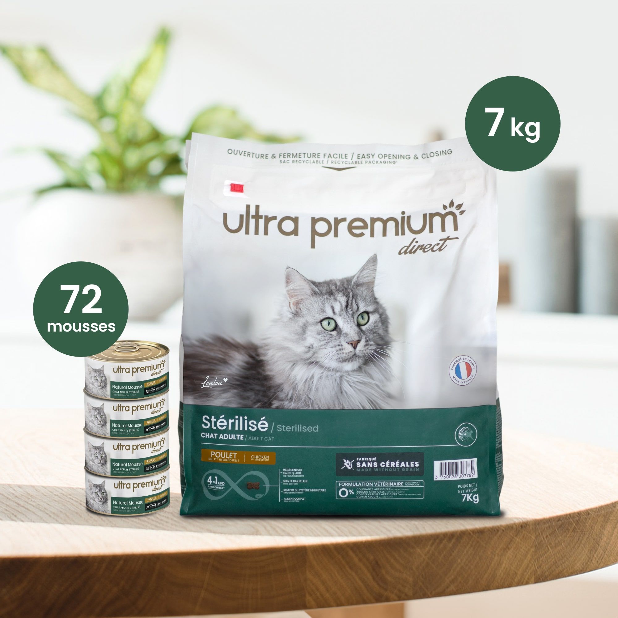 Dubbel voeding voor gesteriliseerd kat bestaande uit 7 kg graanvrije brokken met kip voor gesteriliseerd volwassen kat, en 72 blikjes graanvrij schuim voor gesteriliseerd volwassen kat met kip, op een lichtgroene achtergrond