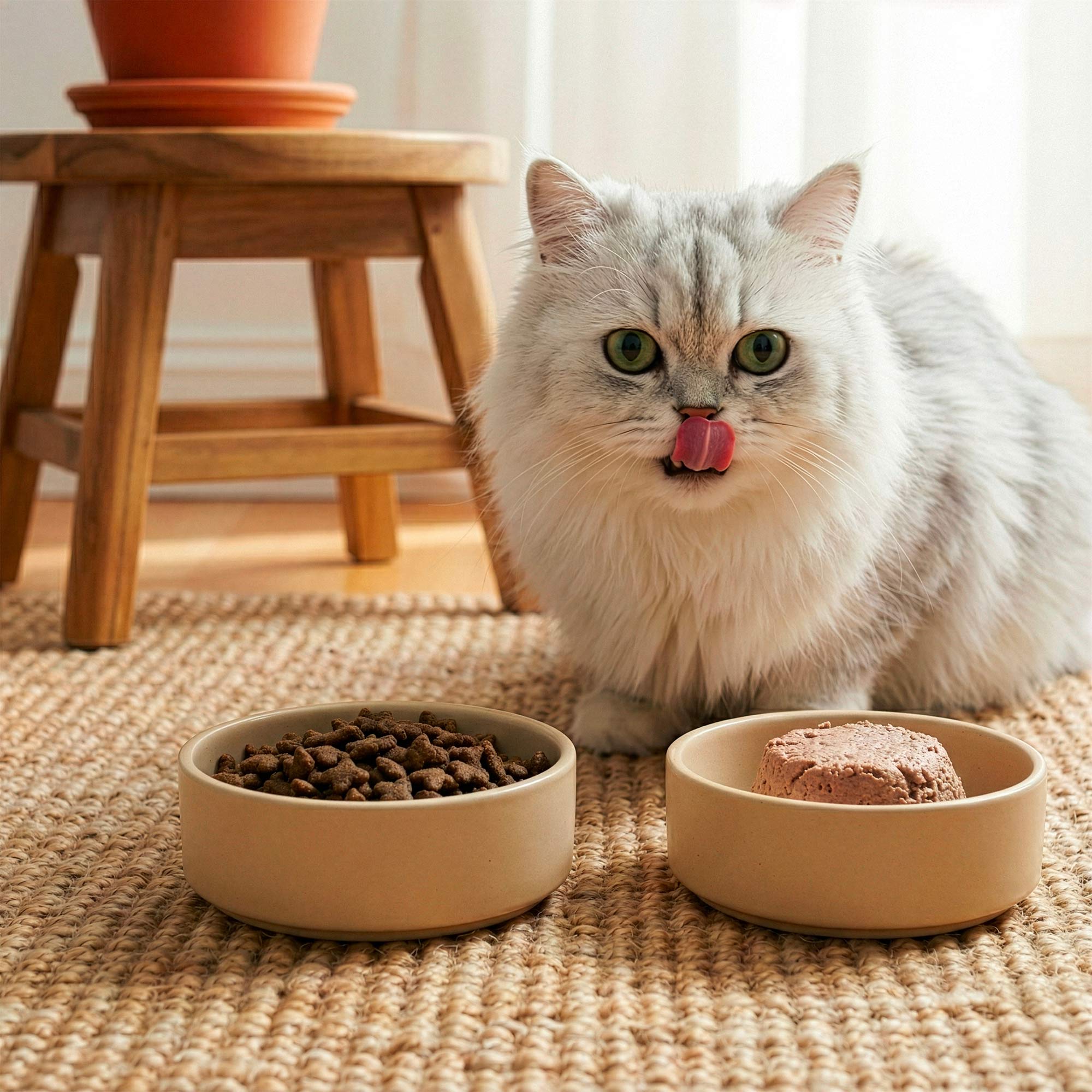 Chat Main Coon gris se léchant les babines devant une gamelle de croquettes sans céréales au poulet