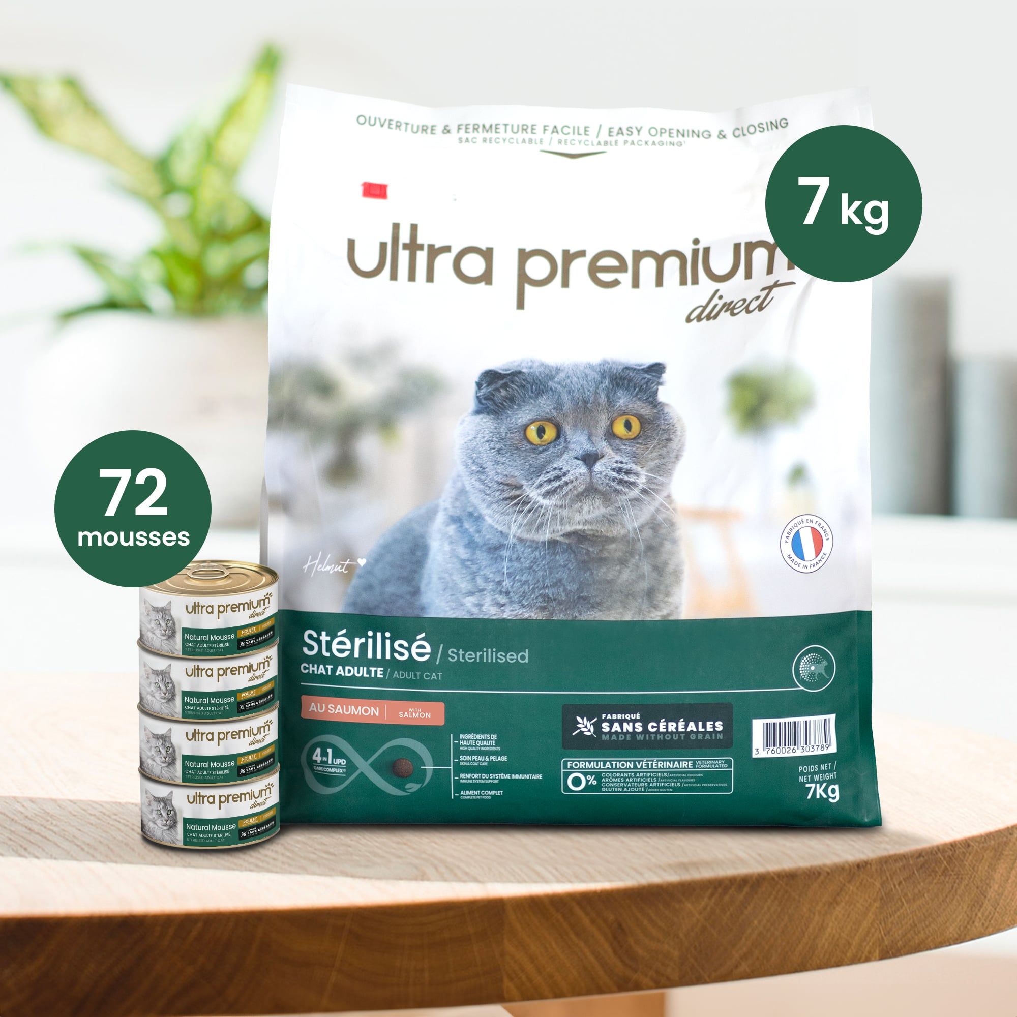 Dubbel voeding bestaande uit een zak graanvrije brokken van 7 kg voor gesteriliseerd volwassen kat en 72 blikjes graanvrije mousse voor gesteriliseerd volwassen kat met kip, binnenshuis