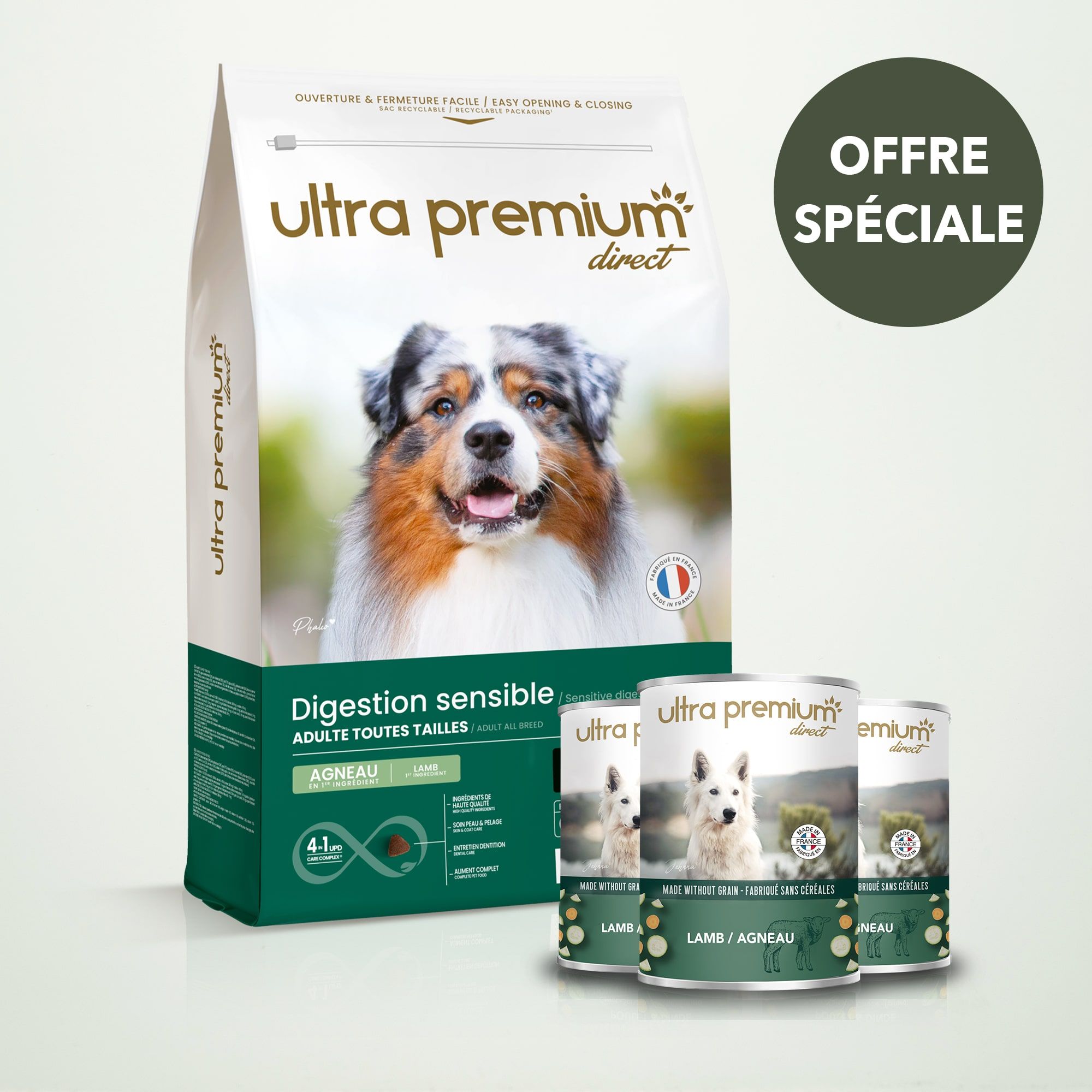 Pack bi-nutrition composé d'un sac de 12 kg de croquettes sans céréales pour chien digestion sensible, et de 24 boîtes de pâtée à l'agneau, sur fond vert clair