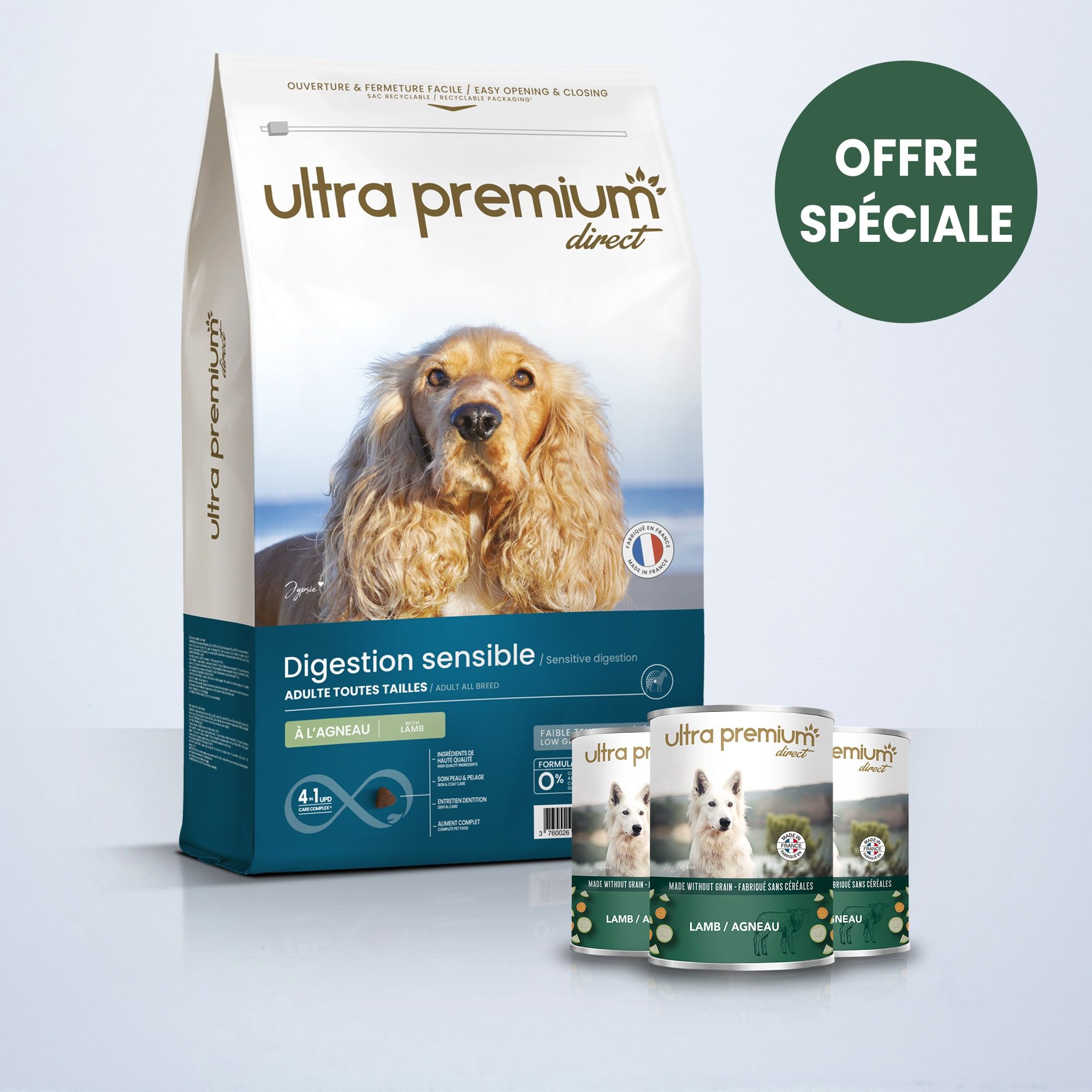 Pack bi-nutrition composé d'un sac de 12 kg de croquettes super premium agneau et riz pour chien adulte de toutes tailles, et de 24 boîtes de pâtées sans céréales à l'agneau sur fond bleu clair