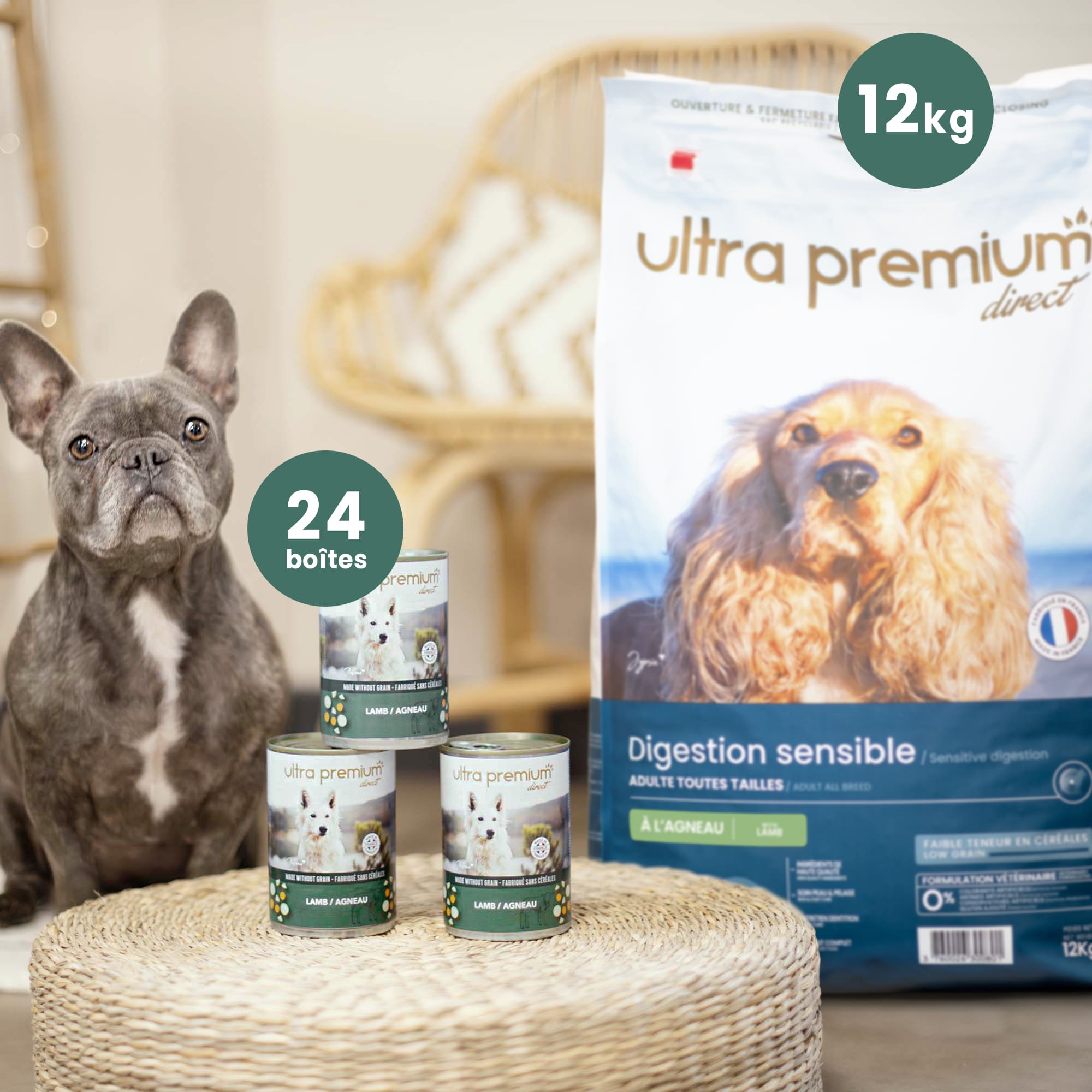 Bouledogue français assis à côté d'un sac de 12 kg de croquettes super premium agneau et riz pour chien adulte de toutes tailles, et de 24 boîtes de pâtées sans céréales à l'agneau