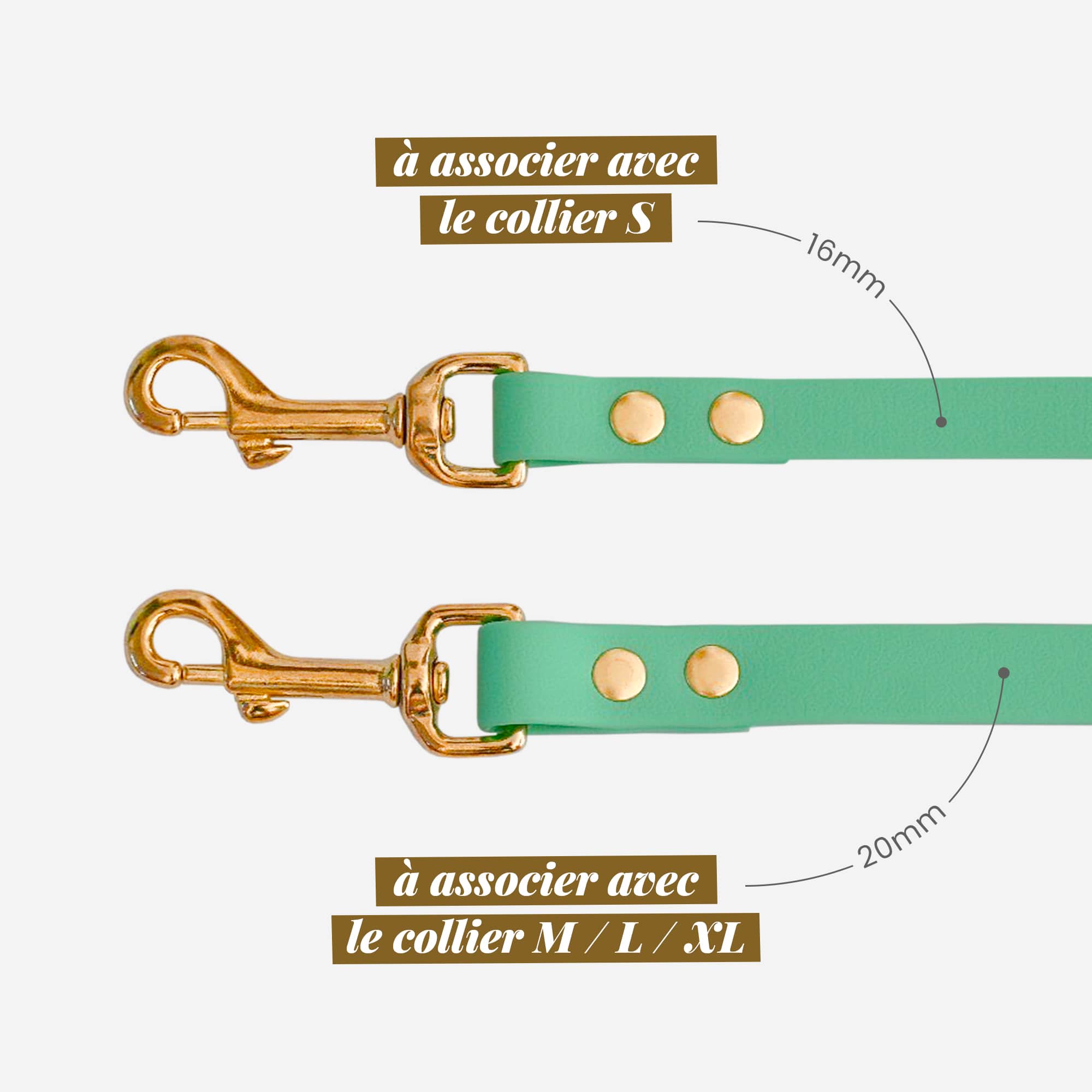 Différence de largeur entre les 2 laisses multi-positions vert sauge Fidèle Paris en partenariat avec Ultra Premium Direct
