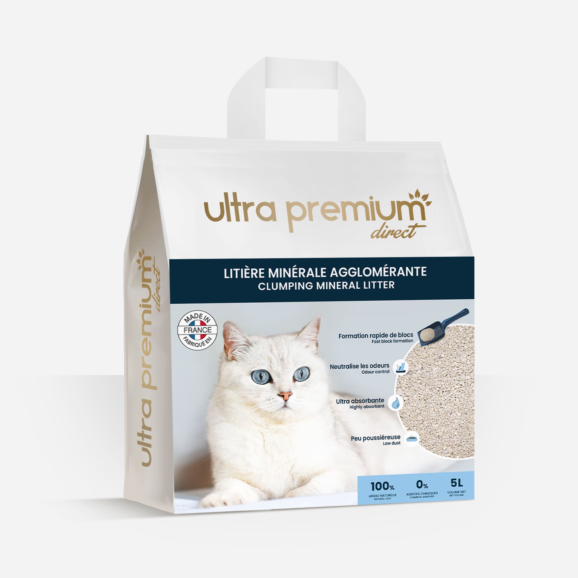 Litière minérale agglomérante 5L en 100% argile naturelle, sur fond blanc