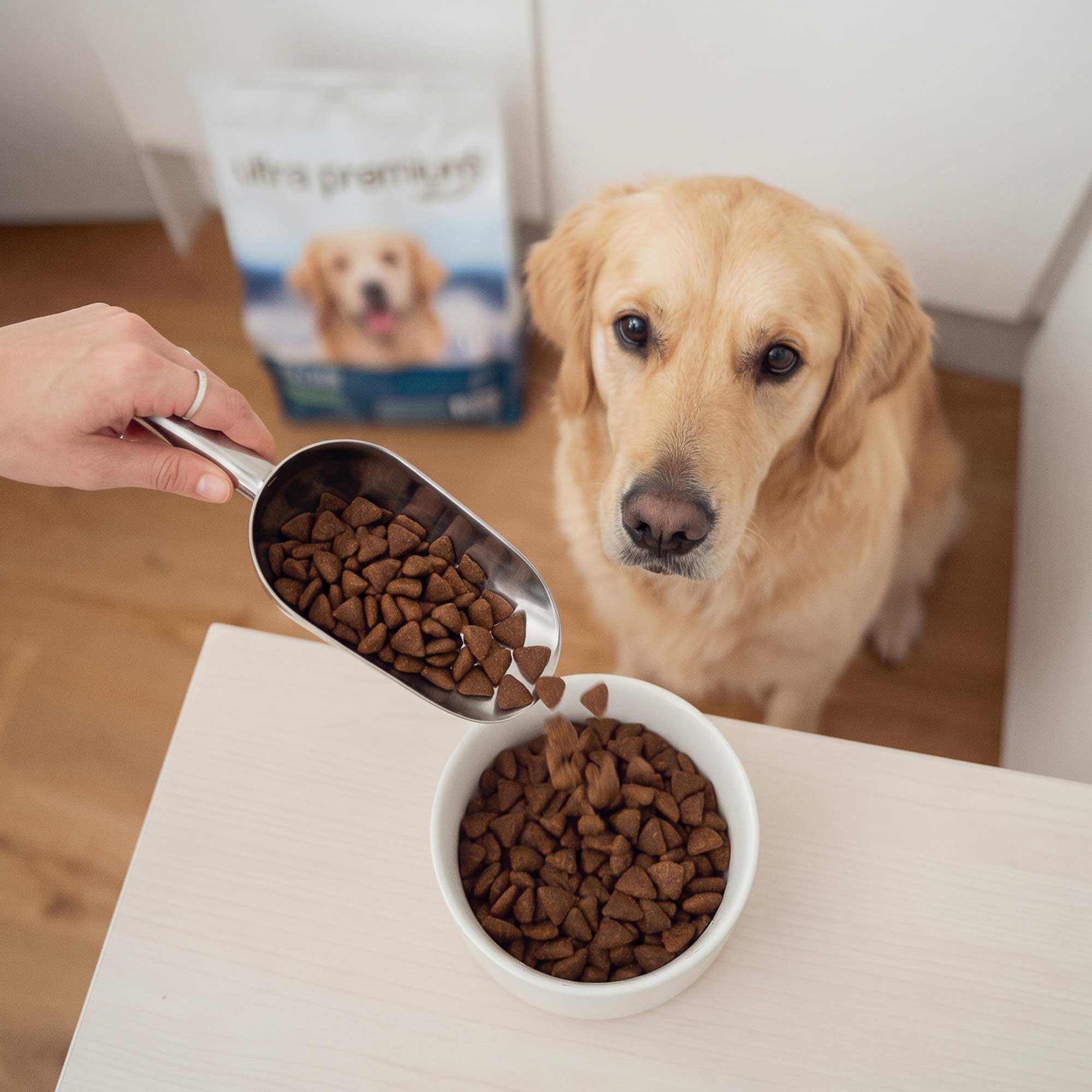 Chien devant une gamelle de croquettes super premium light pour Chien Adulte Stérilisé