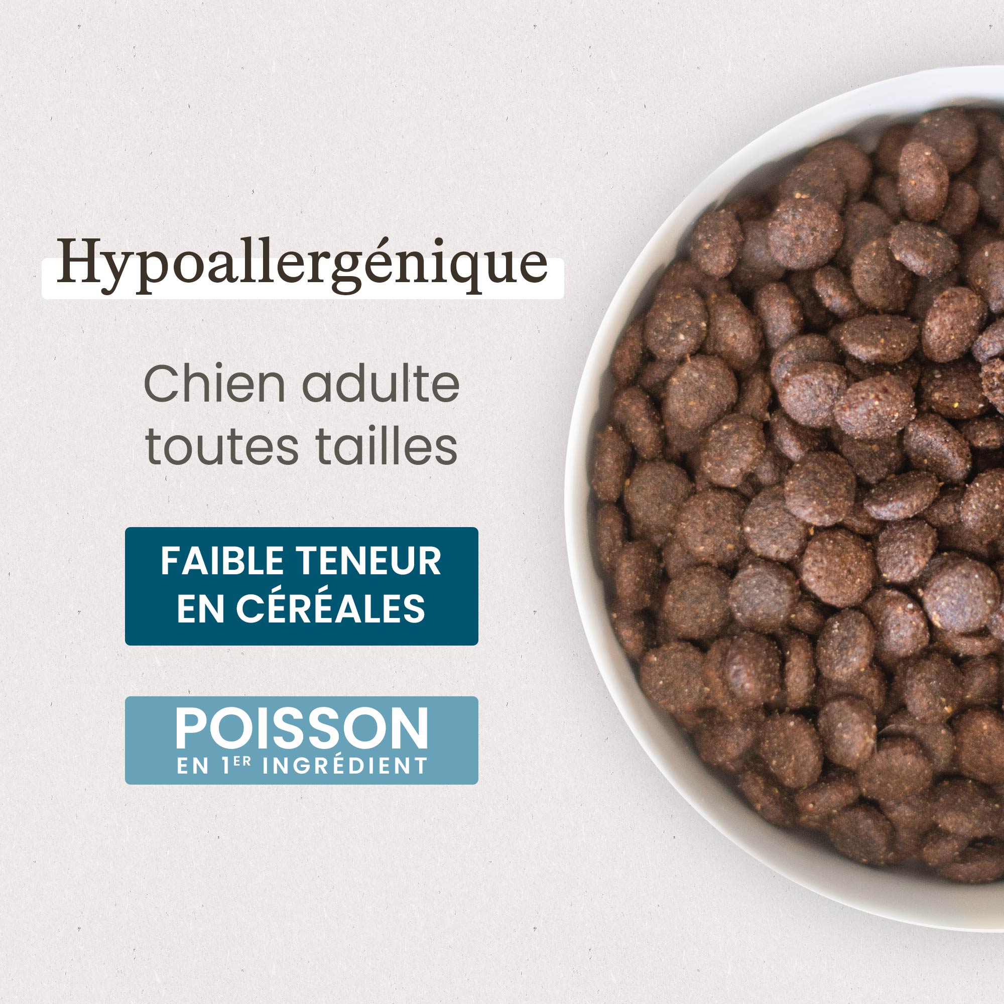 Gamelle contenant les Croquettes Care pour chien adulte hypoallergénique de toutes tailles en gros plan