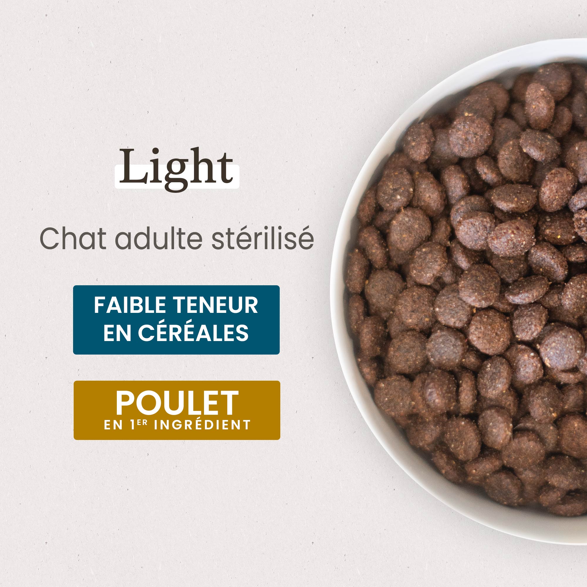 Zoom gamelle de croquettes light au poulet pour chat stérilisé