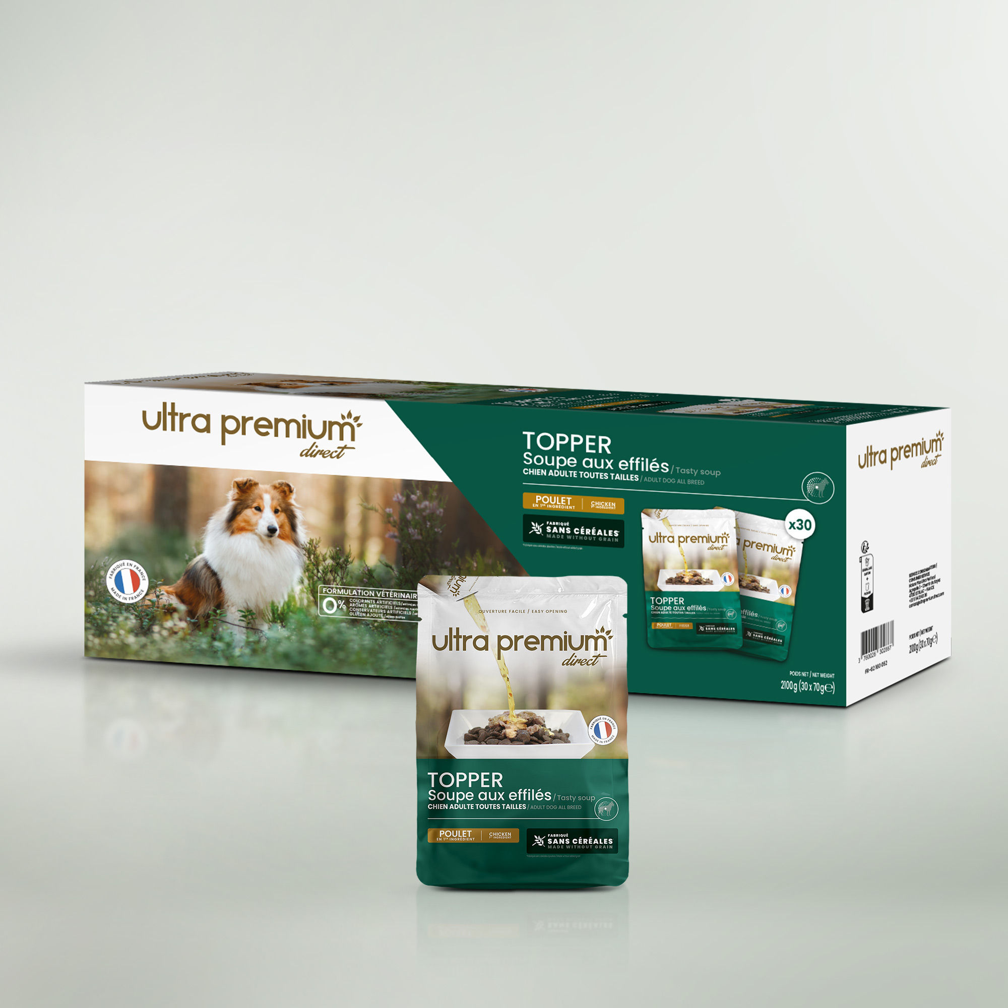 Soupe aux effilés pour chien sans céréales au poulet sur fond vert clair