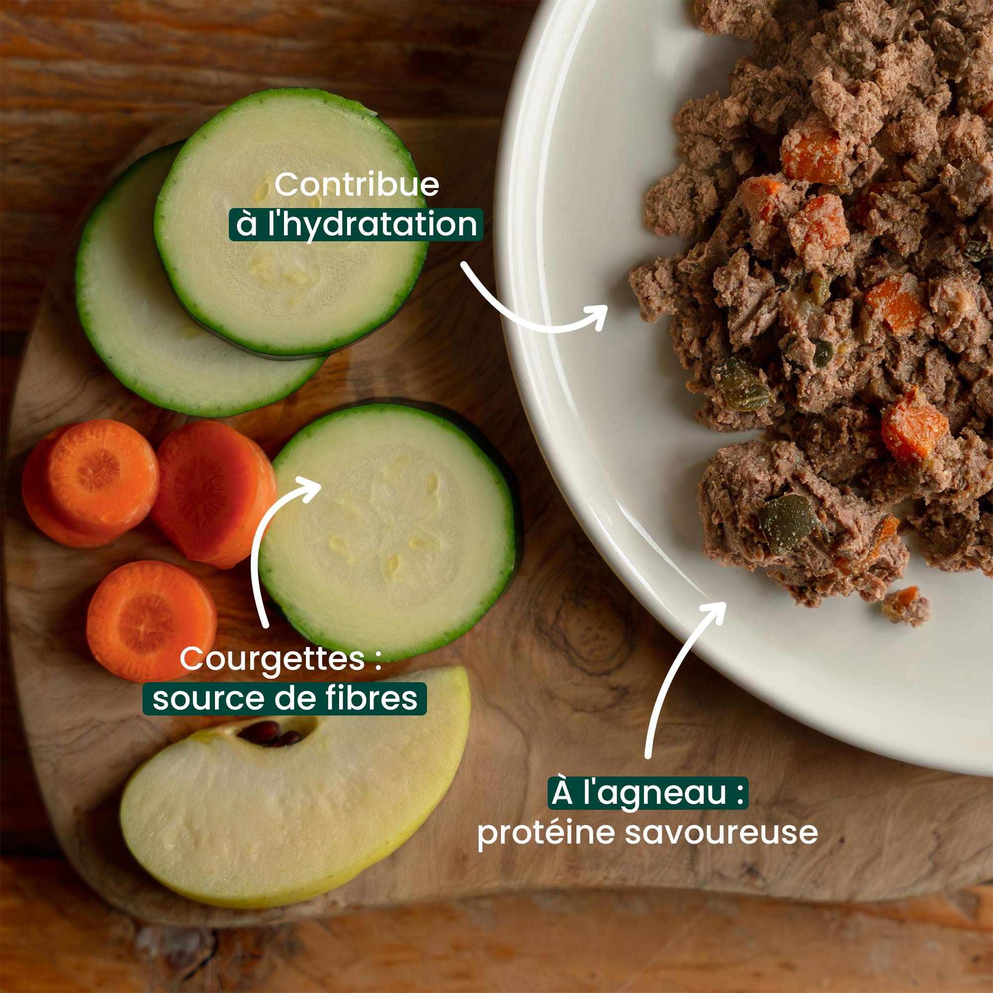 Pâtée pour chien sans céréales à l'agneau dans une assiette avec des rondelles de carotte et de courgette au premier plan