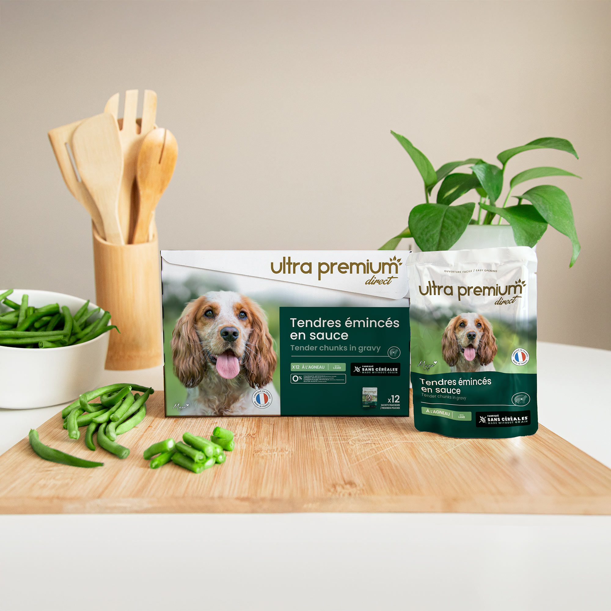 Sachet de tendres émincés en sauce pour chien - Agneau & haricots verts à côté d'un Cocker Spaniel