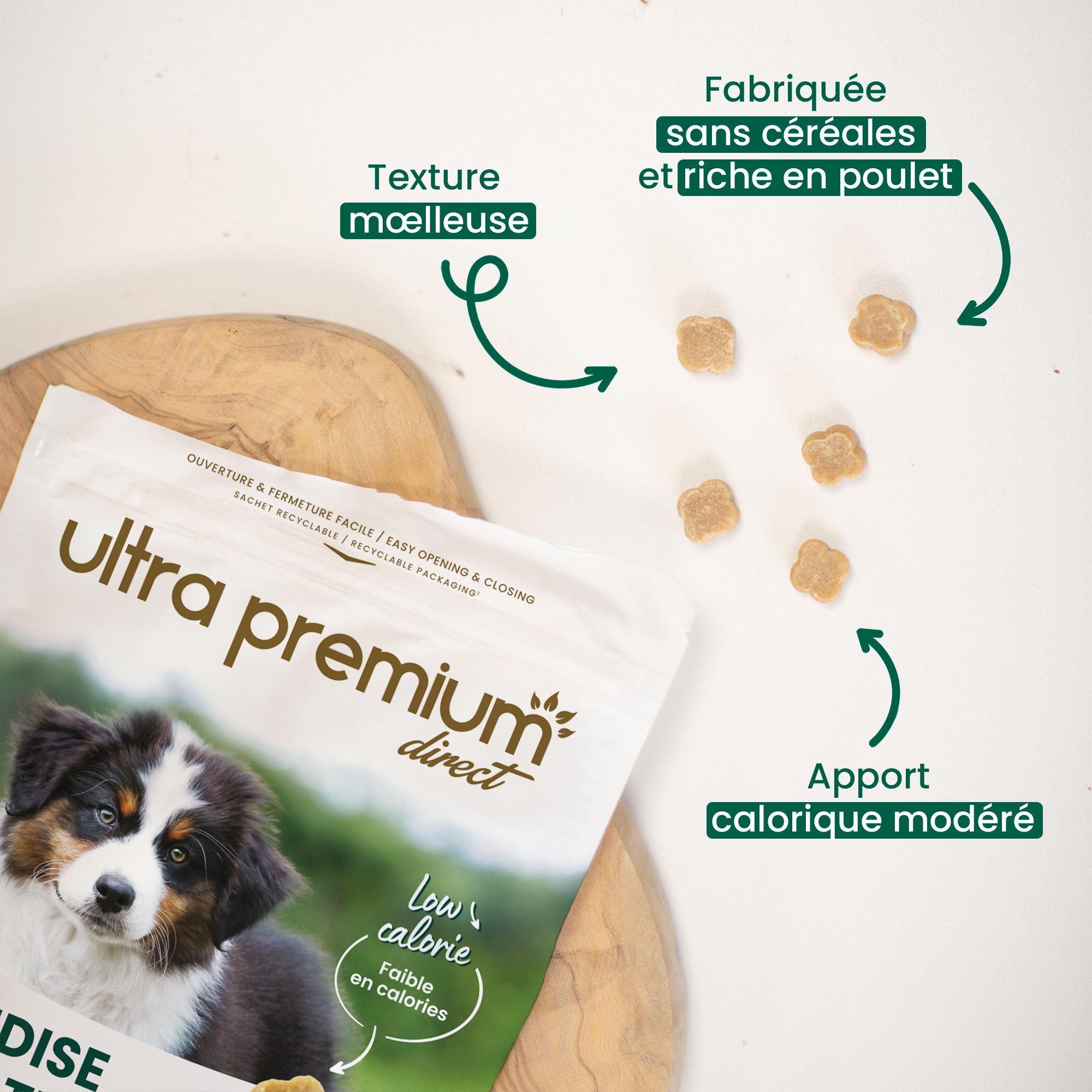 Mise en avant des bienfaits des friandises éducation sans céréales pour chien