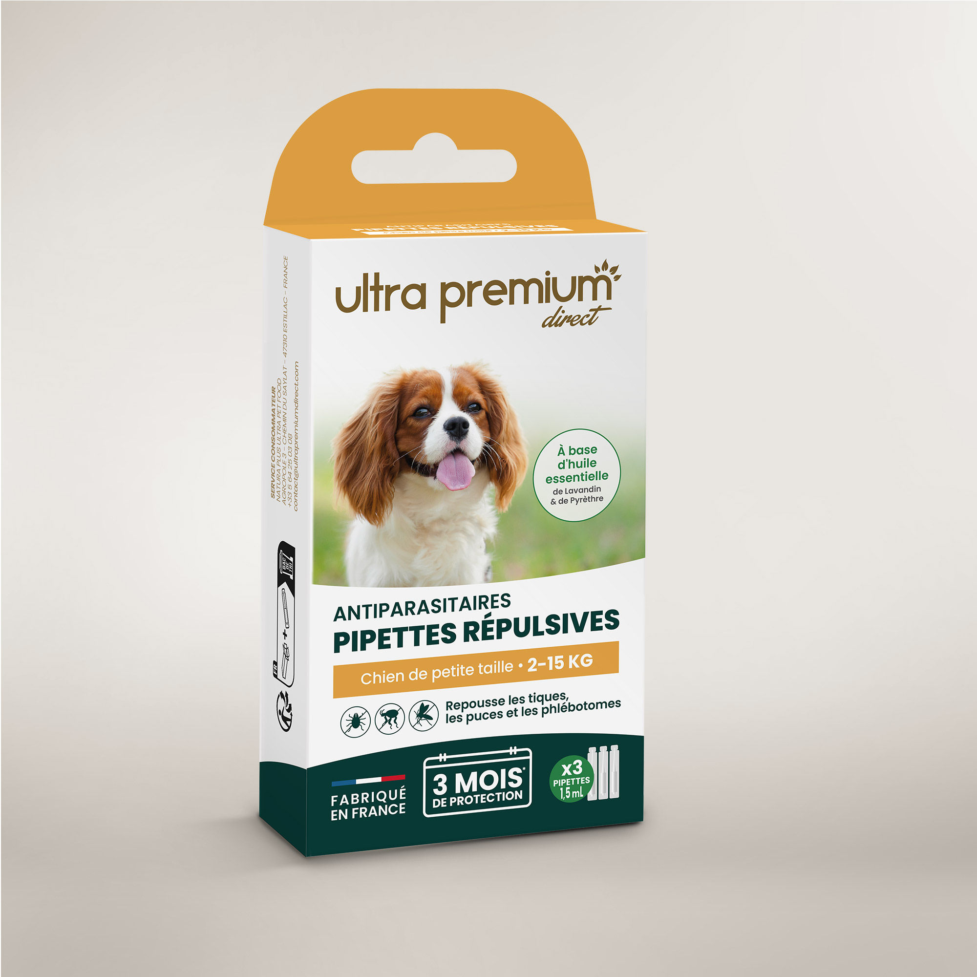 Pipettes répulsives antiparasitaires pour chien de petite taille (2 à 15 kg), sur fond blanc