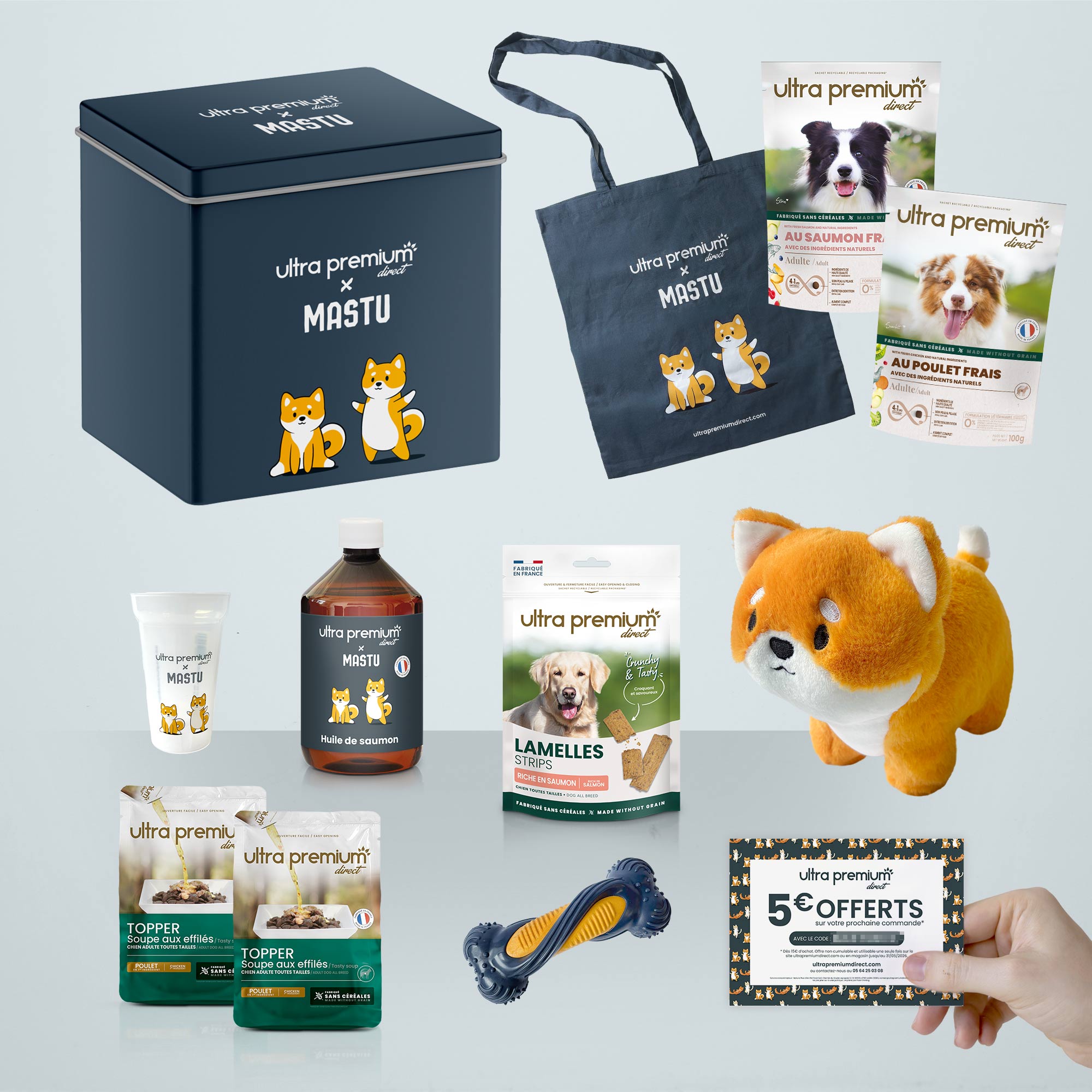 Coffret cadeau pour chien avec tous les produits qu'il contient