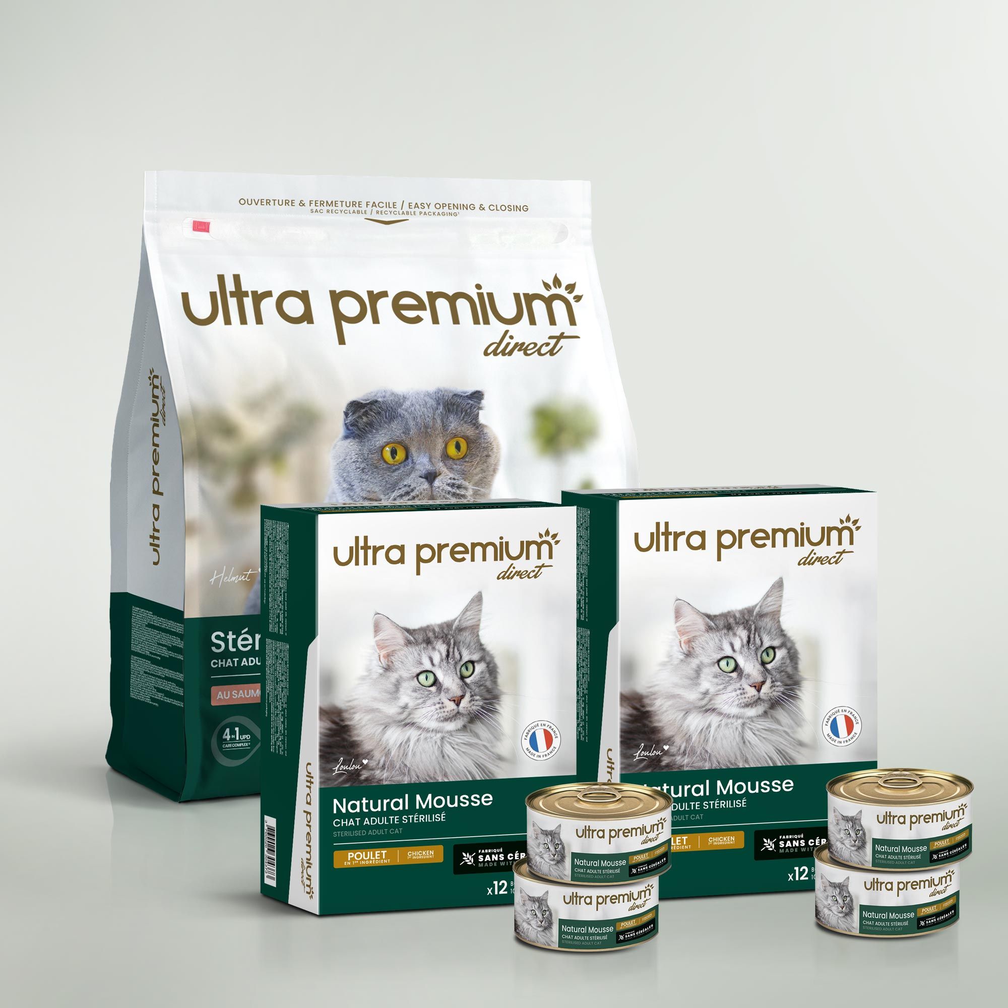 Pack bi-nutrition composé d'un sac de 7 kg croquettes sans céréales au saumon pour chat adulte stérilisé, et de 72 boîtes de mousse sans céréales pour chat adulte stérilisé au poulet, sur fond vert clair