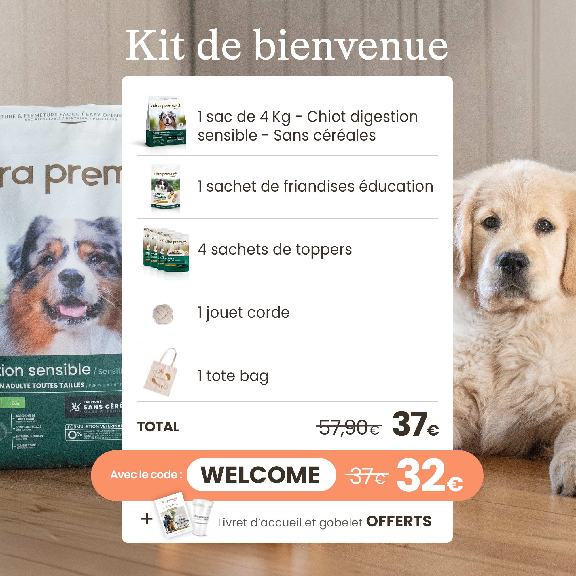 Prix des produits inclus dans le kit de bienvenue pour chiot digestion sensible de toutes tailles