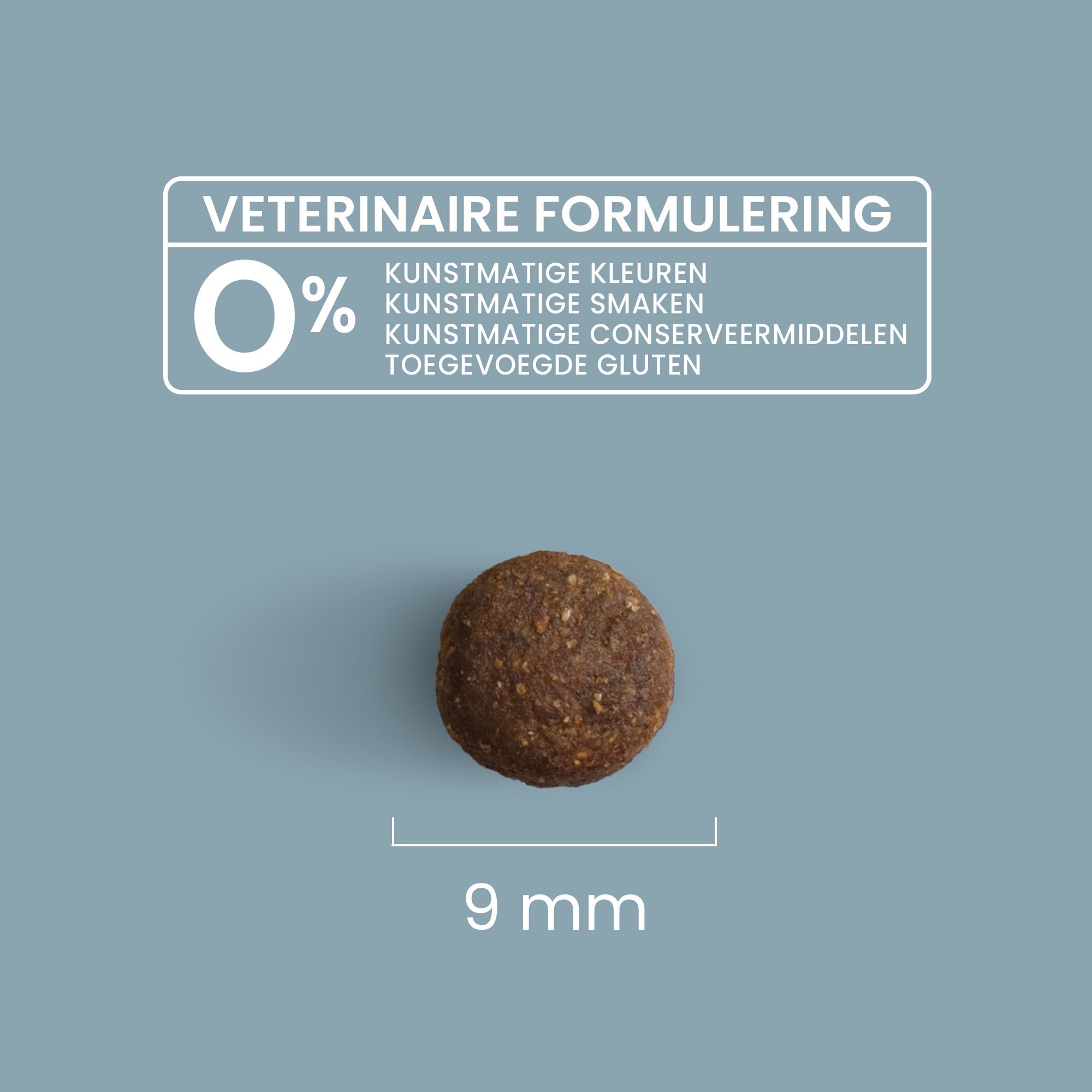 Zoom in op een brok met maatdetails en veterinaire formulering voor kleine en middelgrote puppy's