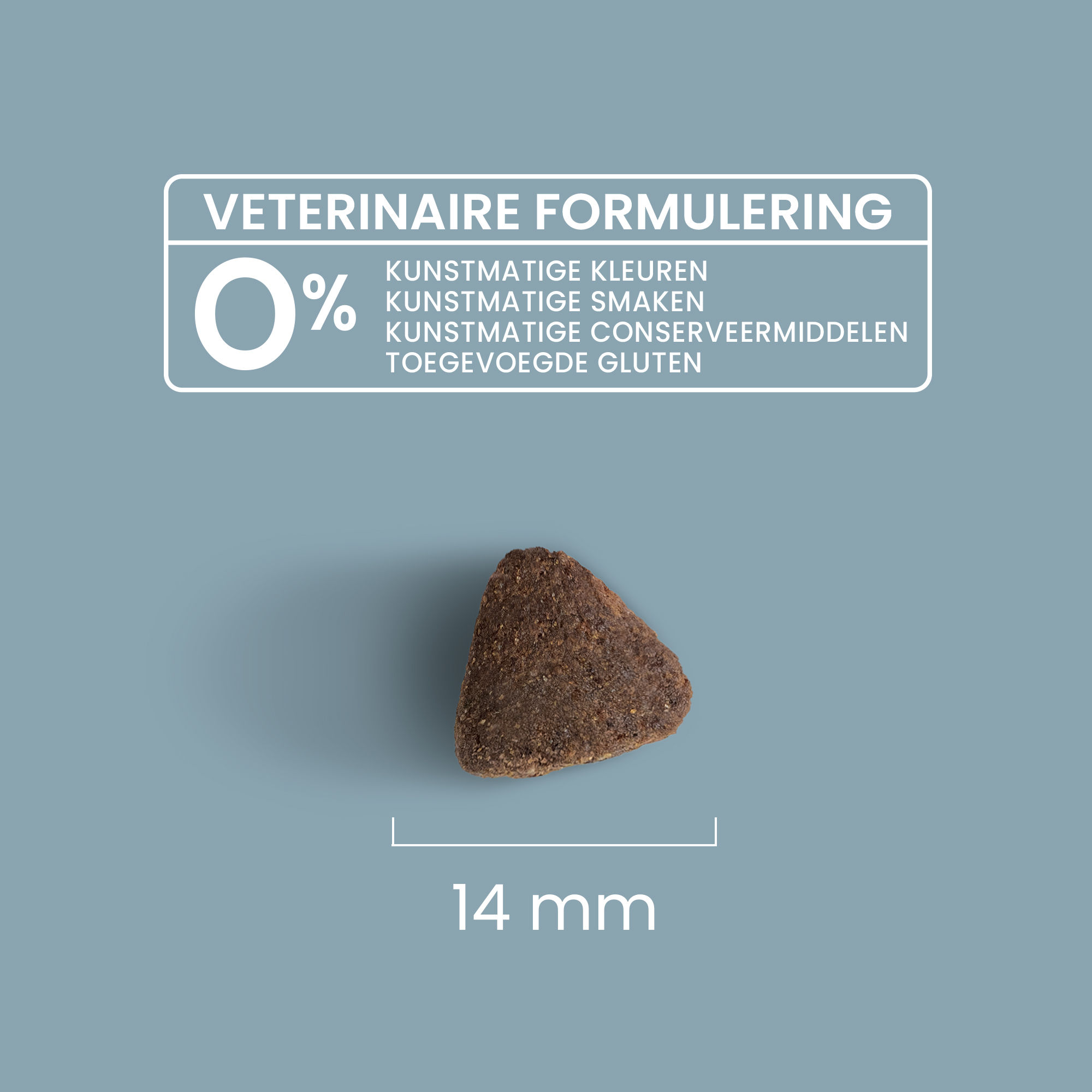 Zoom in op een zalm- en rijstbrokje met maatdetails en veterinaire formulering voor volwassen hond van alle maten