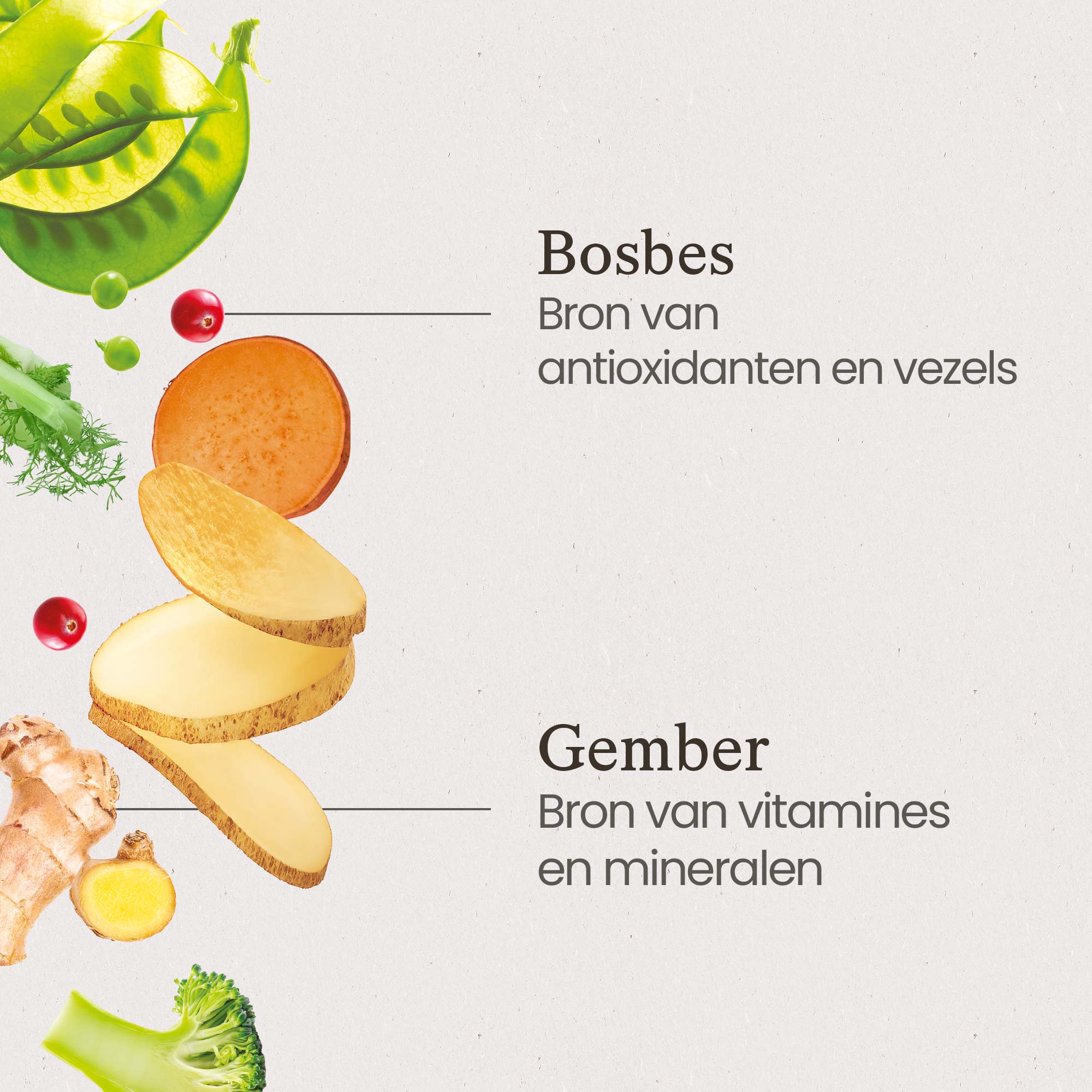 Zoom in op de ingrediënten van het graanvrije recept voor verse brokken voor puppy's