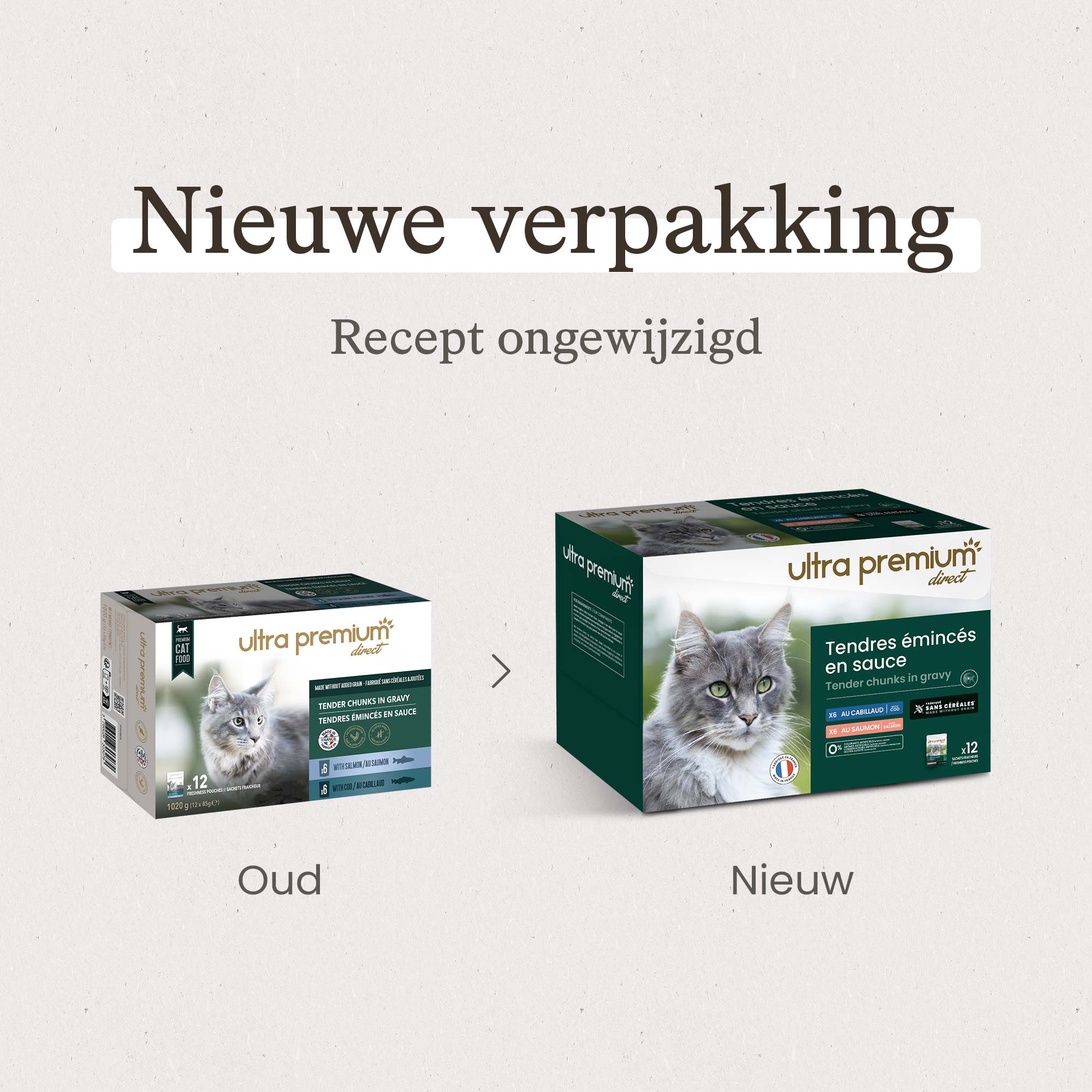 Gesneden vlees in graanvrije saus voor kat met zalm en kabeljauw binnenshuis