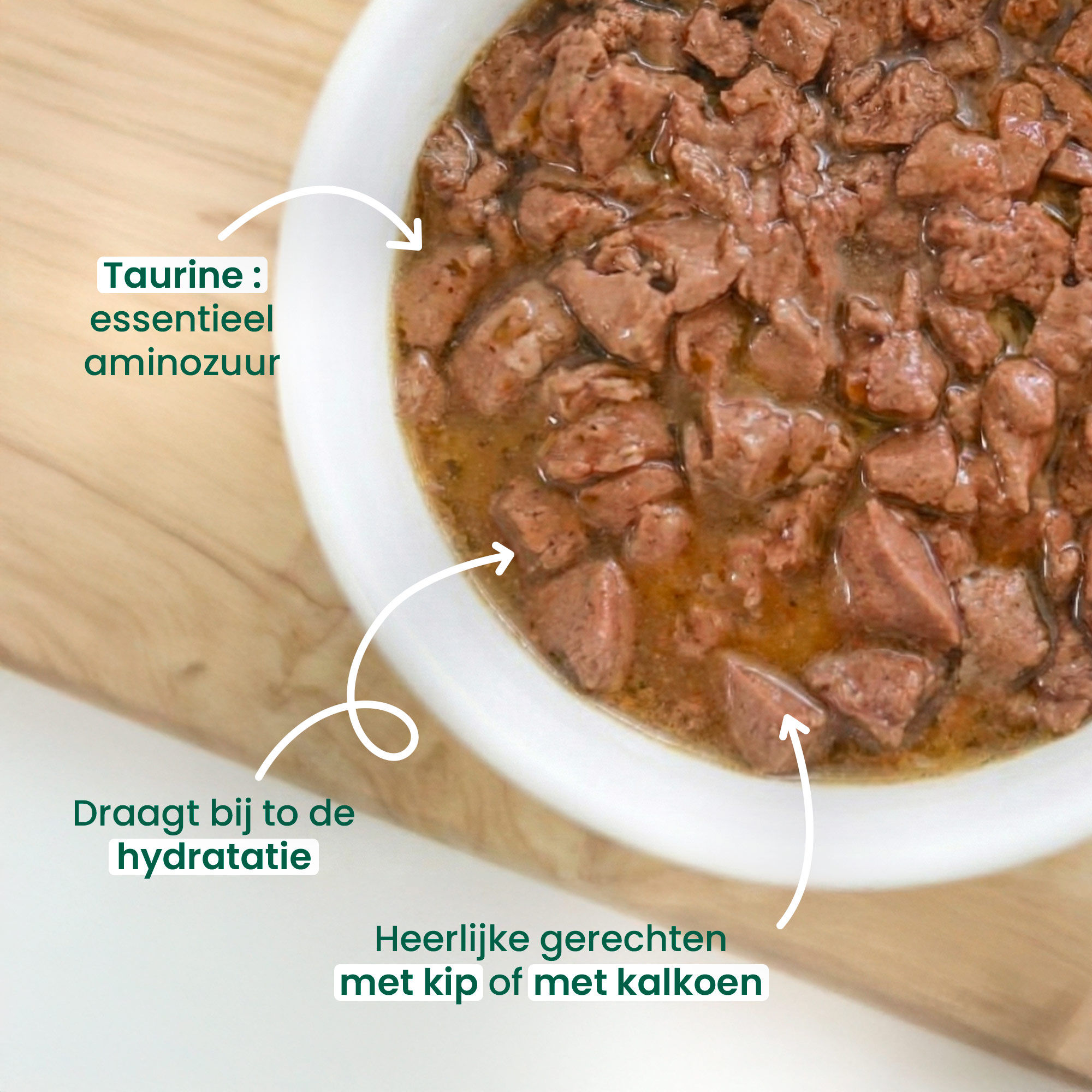 Zwarte Kat likt zijn lippen voor plakjes graanvrije kip- en kalkoensaus op een bord