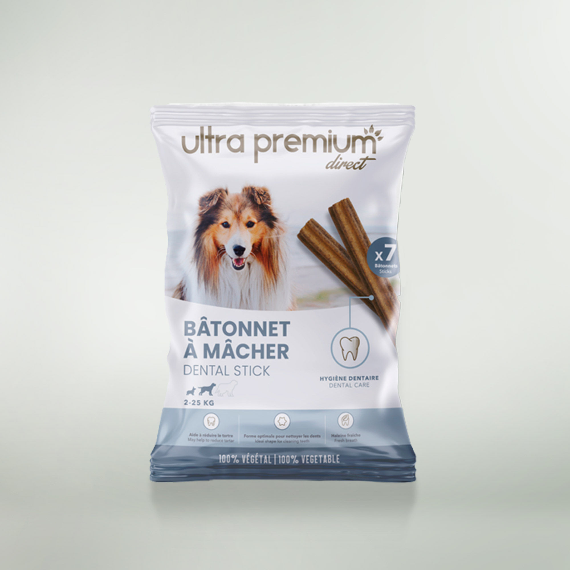 Zak met 28 kauwsticks voor honden van 2 tot 25 kg, op een witte achtergrond
