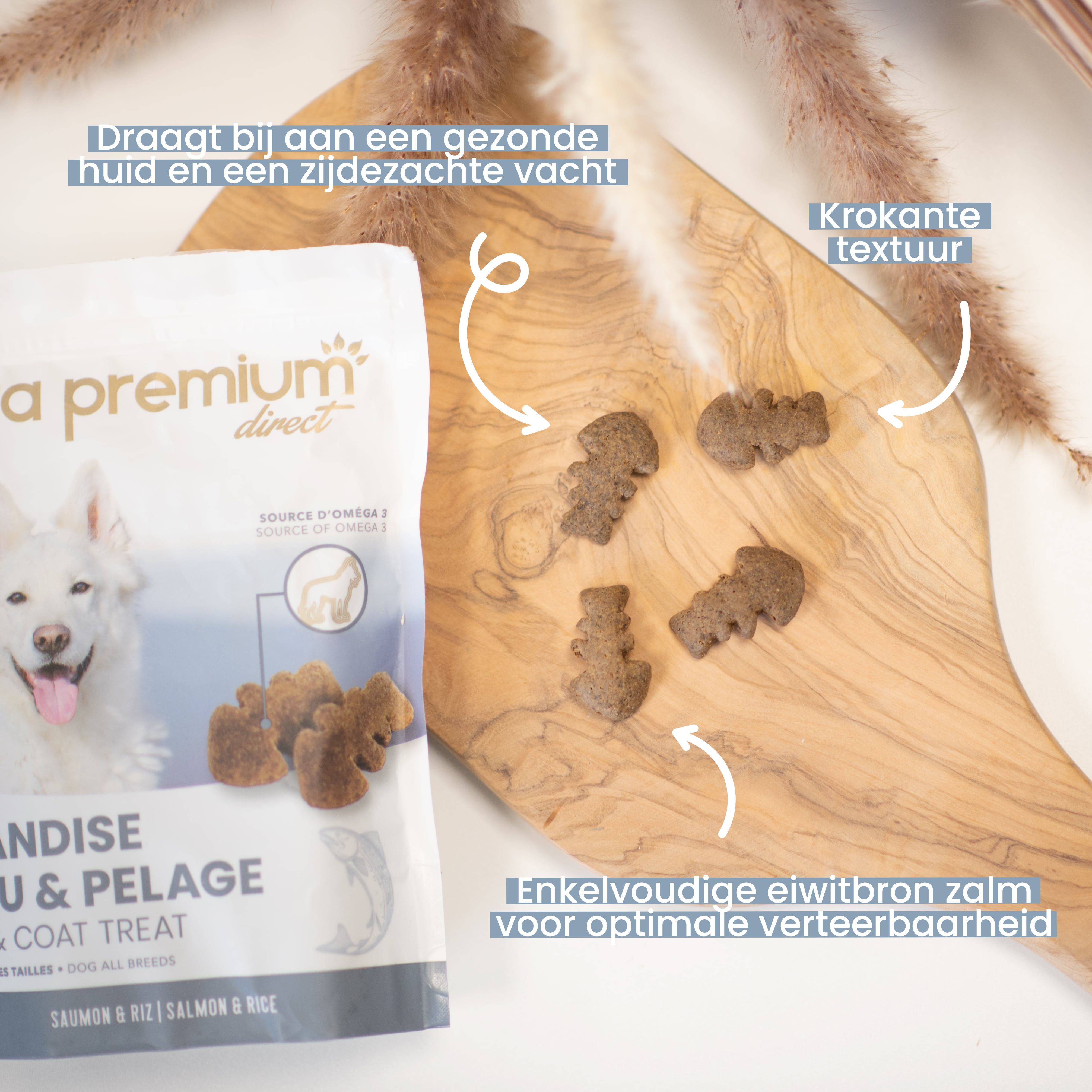Wij benadrukken de voordelen van zalmhuid- en snacks voor hond, geplaatst op een houten plank