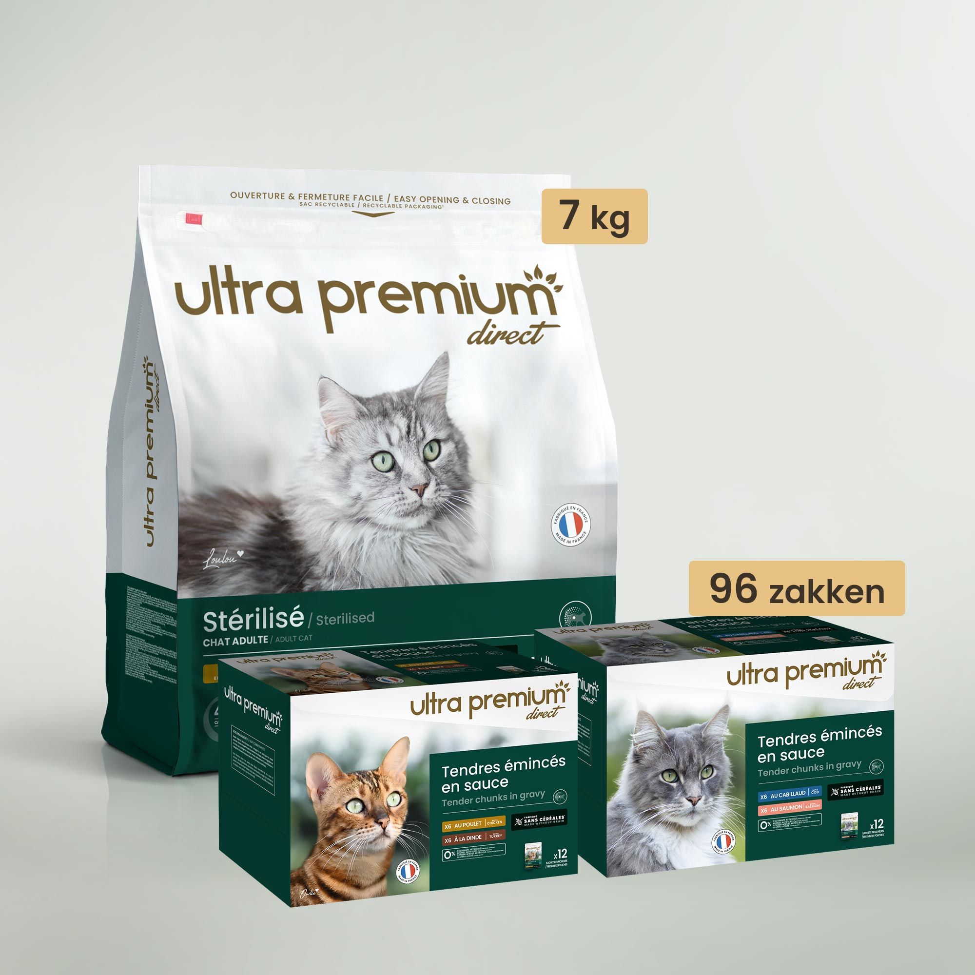 Dubbel voeding bestaande uit een zak van 7 kg graanvrije brokken voor gesteriliseerd volwassen kat, 96 plakjes in graanvrije saus voor kat waarvan 48 zalm & kabeljauw smaak en 48 kip & kalkoen smaak, op een lichtgroene achtergrond