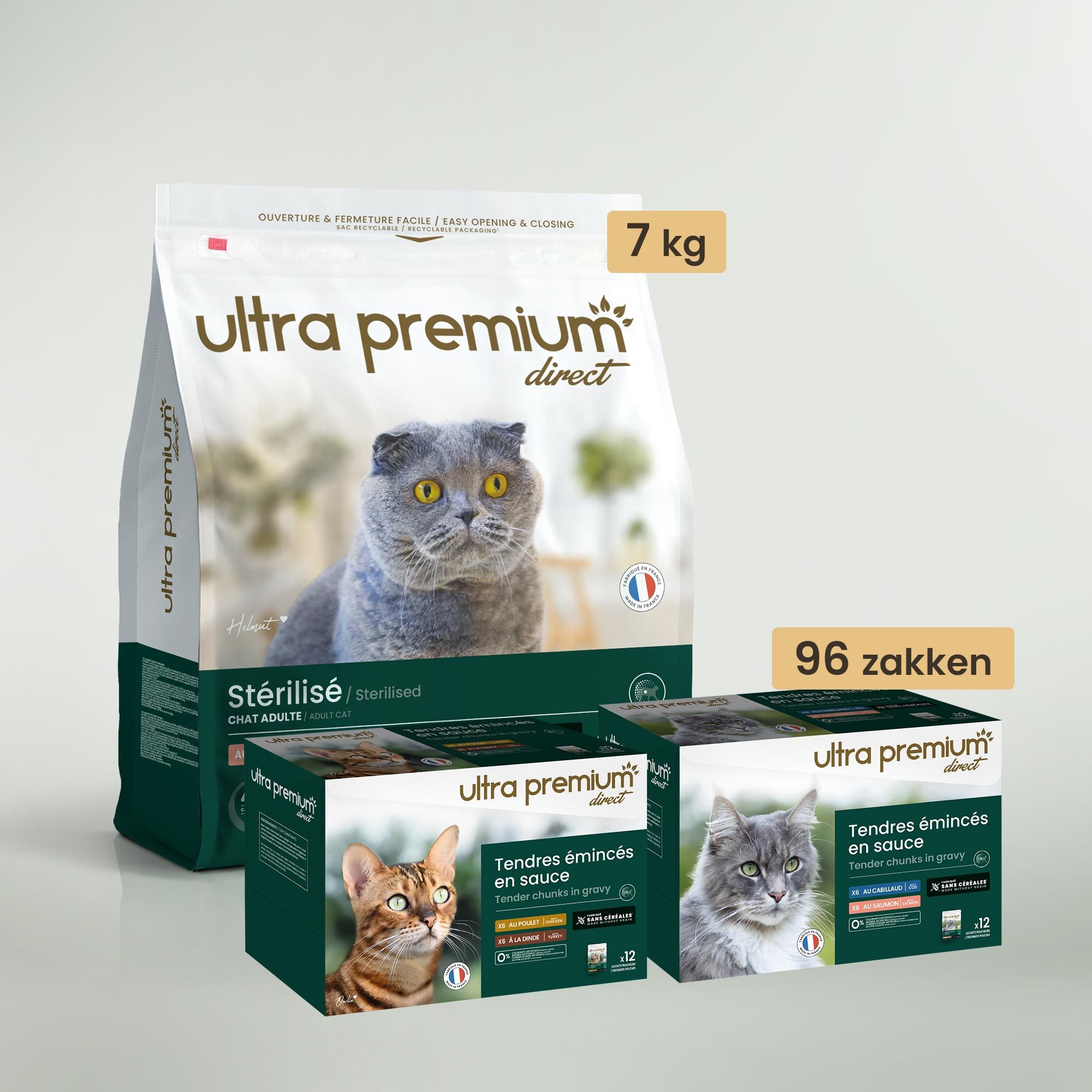 Dubbel voeding bestaande uit een zak graanvrije brokken van 7 kg voor gesteriliseerd volwassen kat en 96 plakjes graanvrije saus voor kat inclusief 48 smaken zalm & kabeljauw en 48 smaken kip & kalkoen, voor binnen