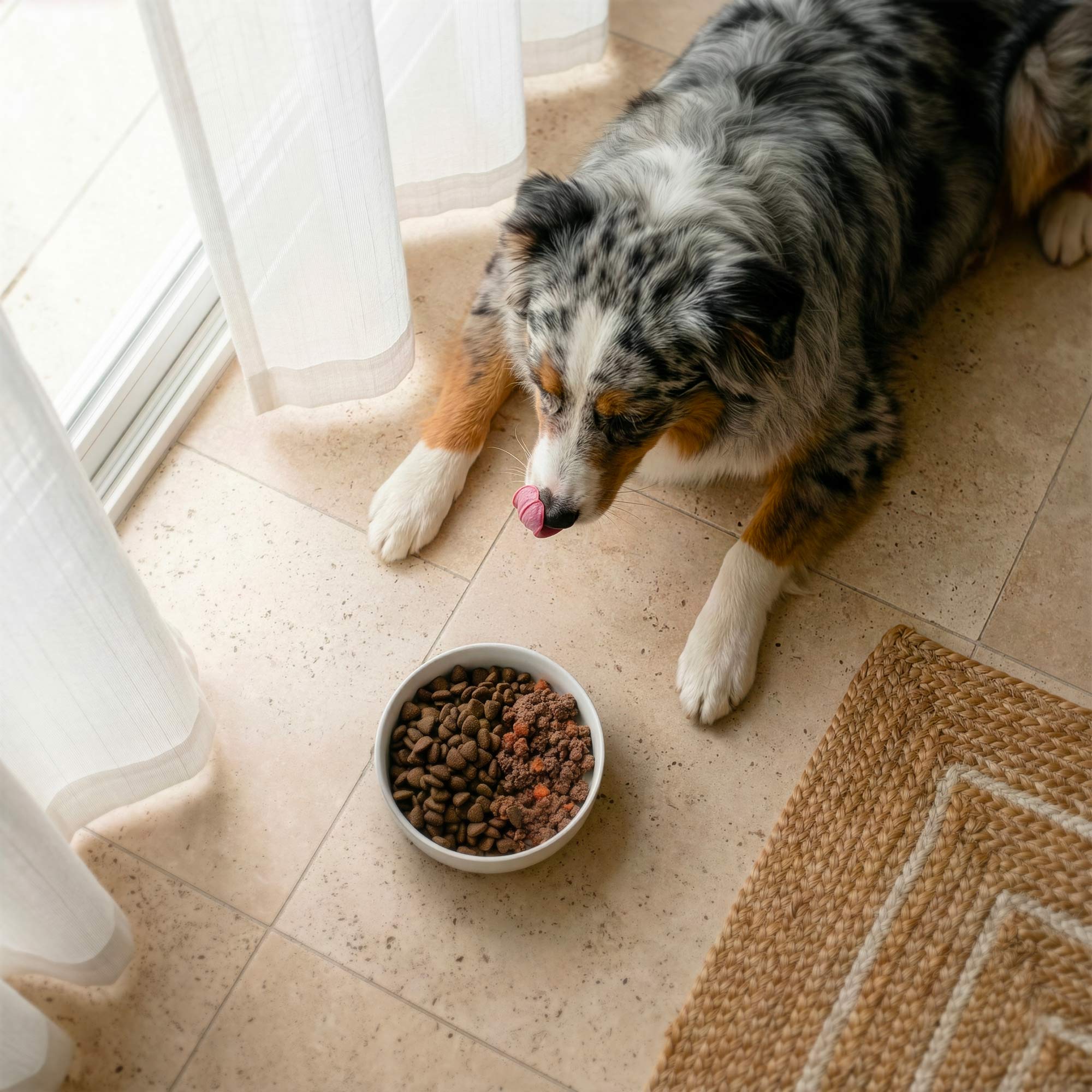 Een Australische herdershond voor een kom graanvrije brokken voor honden met een gevoelige spijsvertering, en 24 blikken lamspaté.