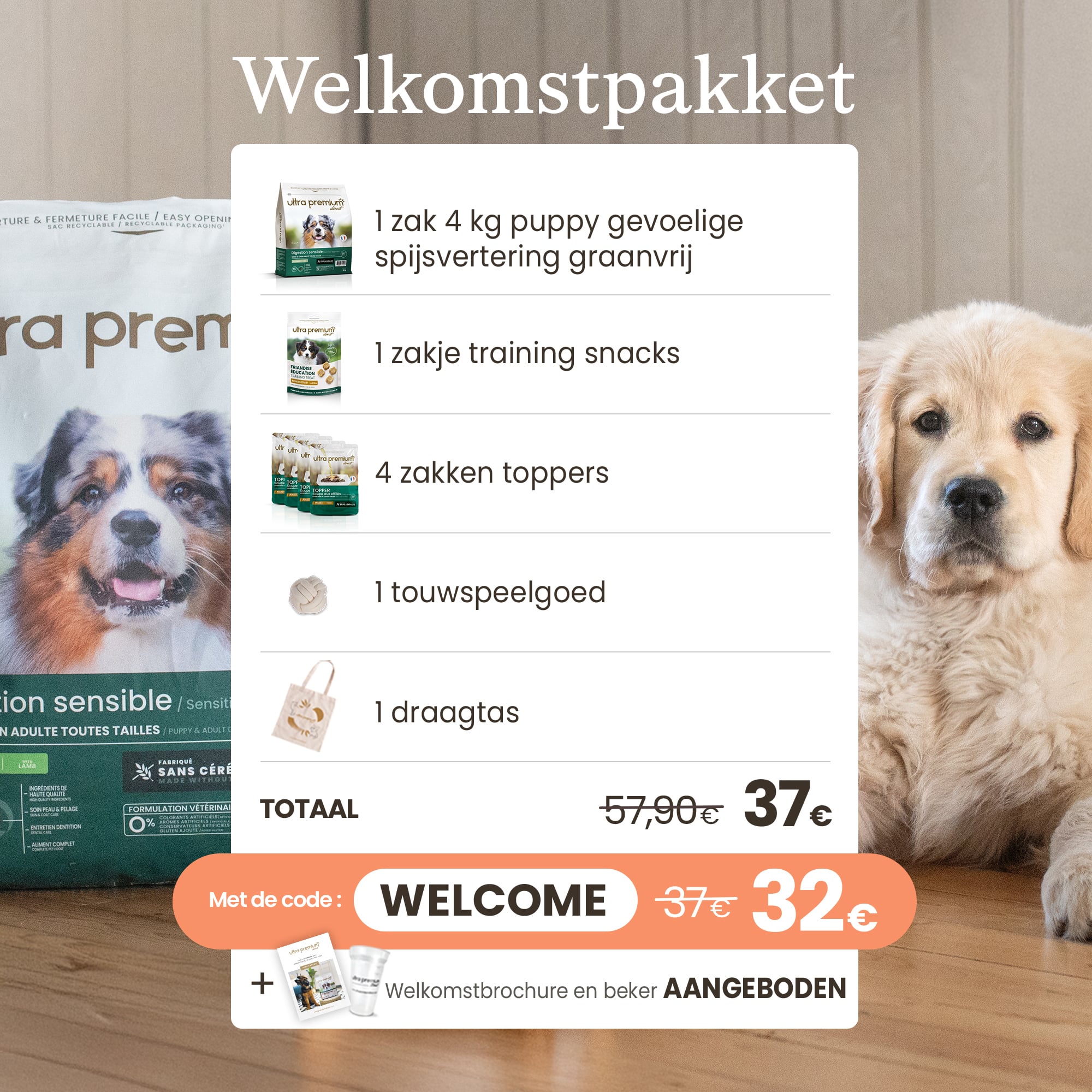 Prijzen van producten die zijn opgenomen in het welkomstpakket voor puppy's met een gevoelige spijsvertering, ongeacht hun grootte