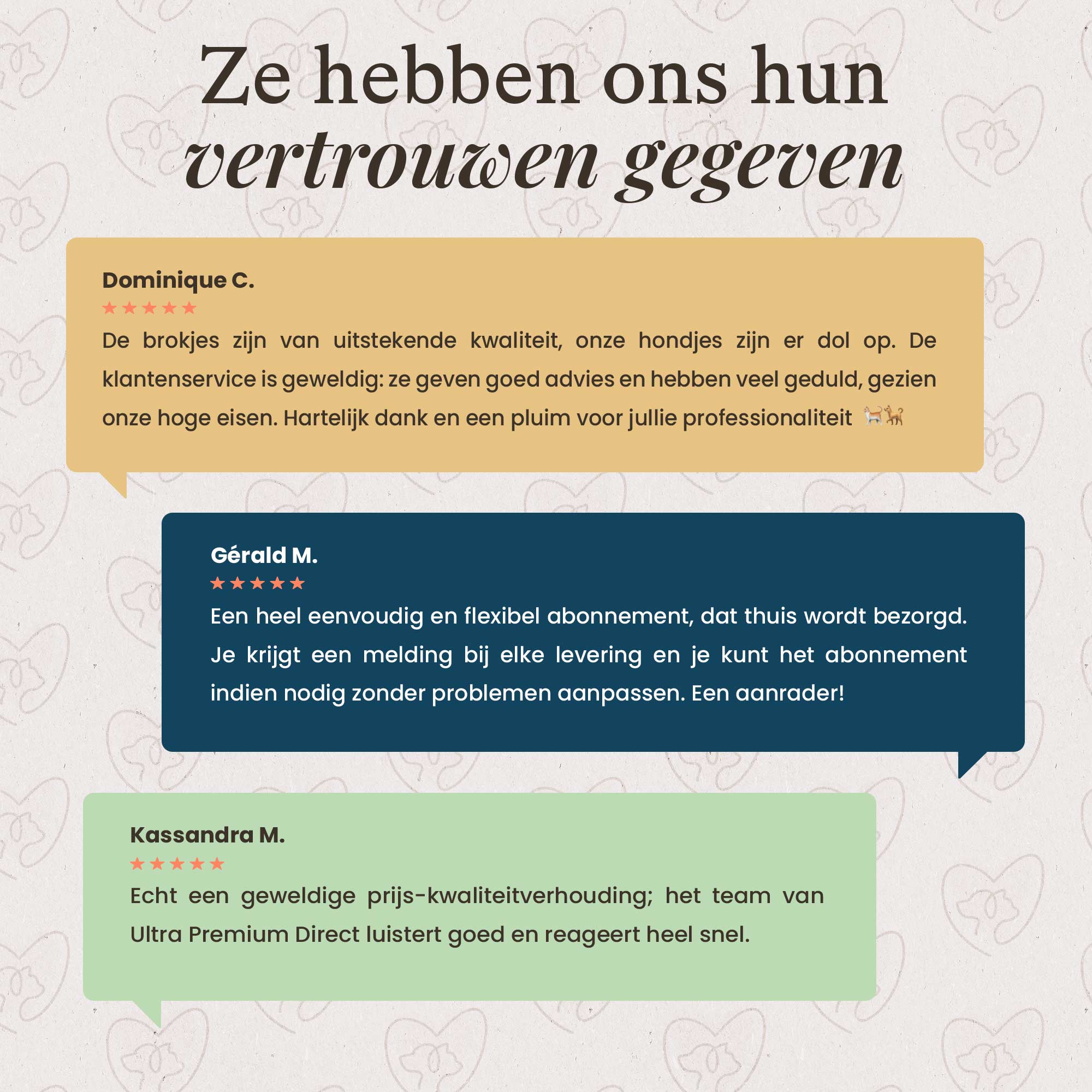 Drie klantrecensies van Ultra Premium Direct en haar producten.