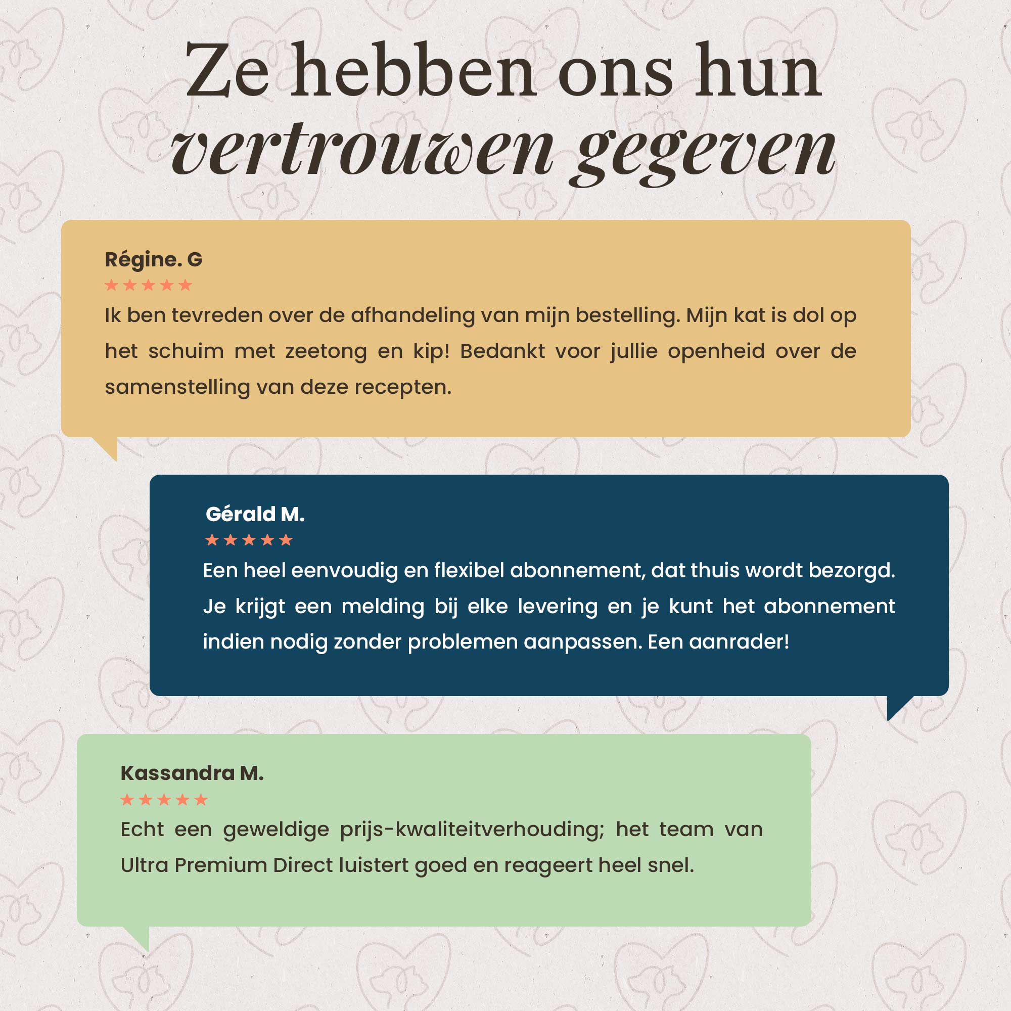 Drie klantrecensies van Ultra Premium Direct en haar producten.